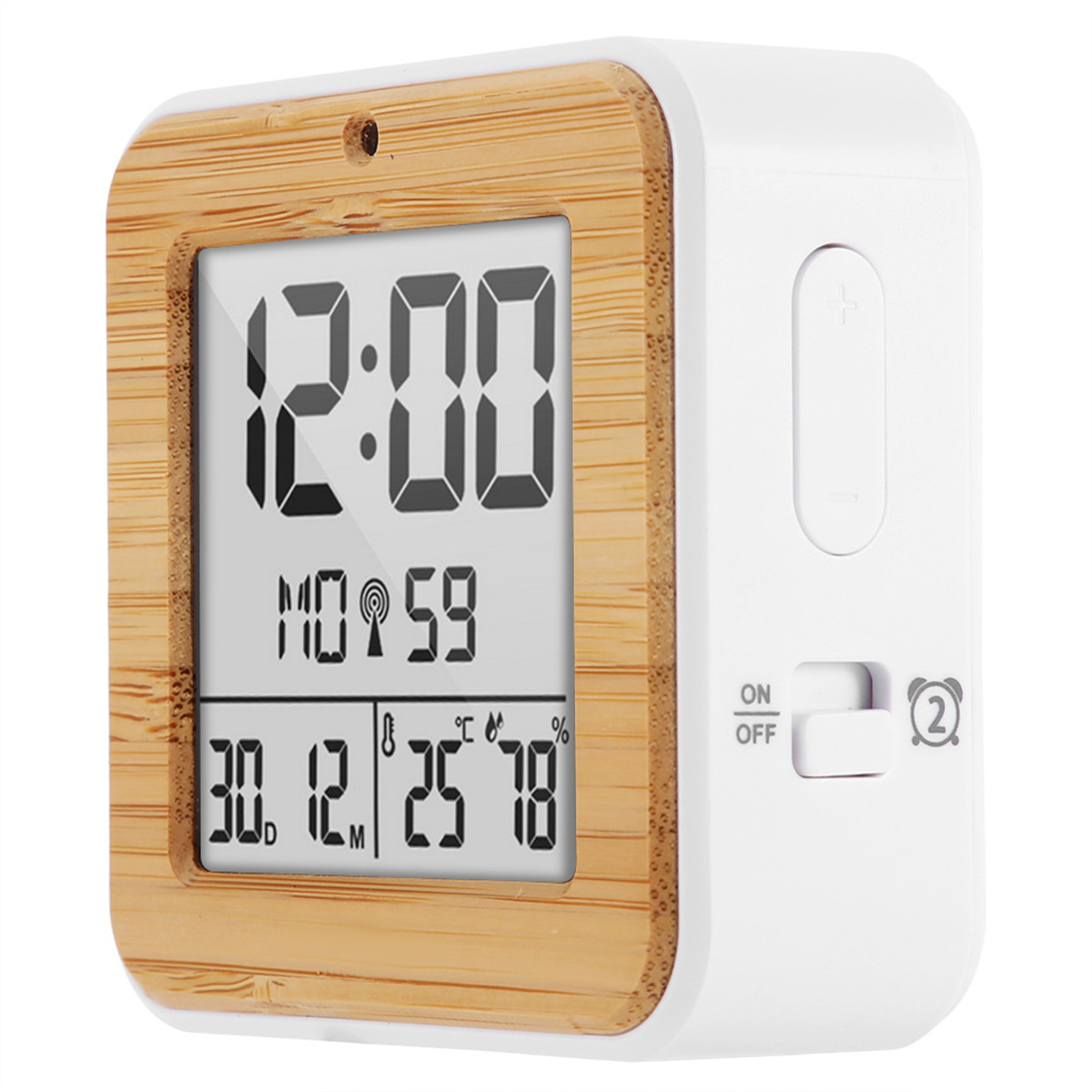 Digitaler Wecker mit Holzrahmen, zeigt Zeit, Datum, Luftfeuchtigkeit und Temperatur an.