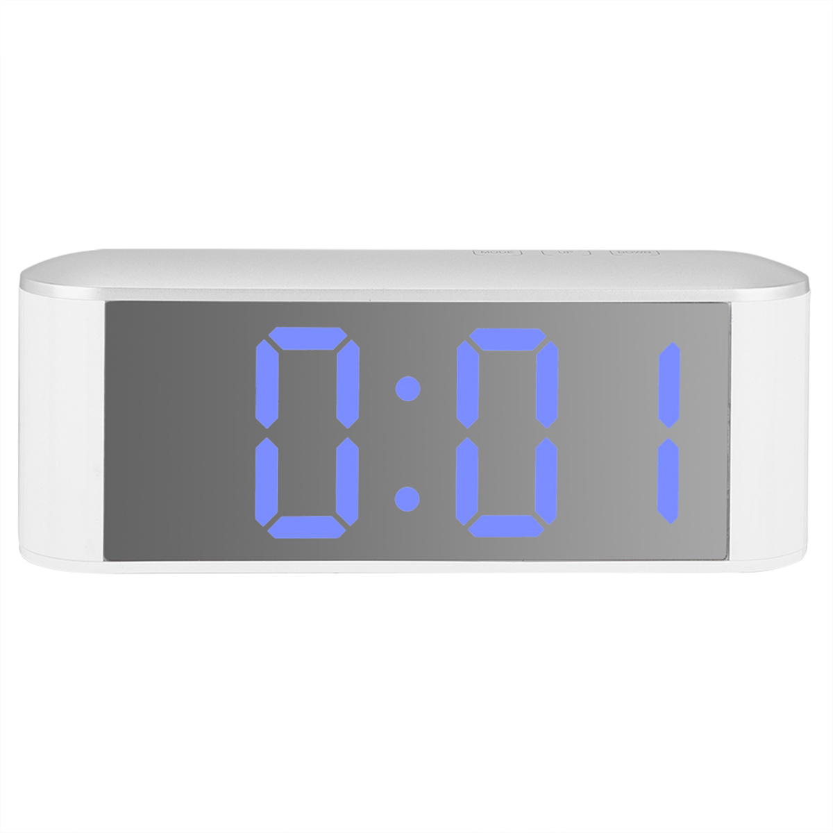 Weißer digitaler Wecker mit der Anzeige 0:01. Die Uhr hat eine rechteckige Form und blaue Zahlen.