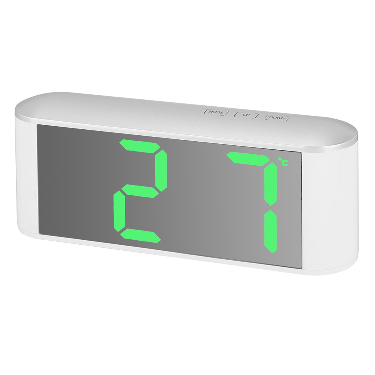 Weißer Digitalwecker, der '27' in Grün anzeigt. Tasten für MODE, UP, DOWN. Zeigt Grad Celsius an.
