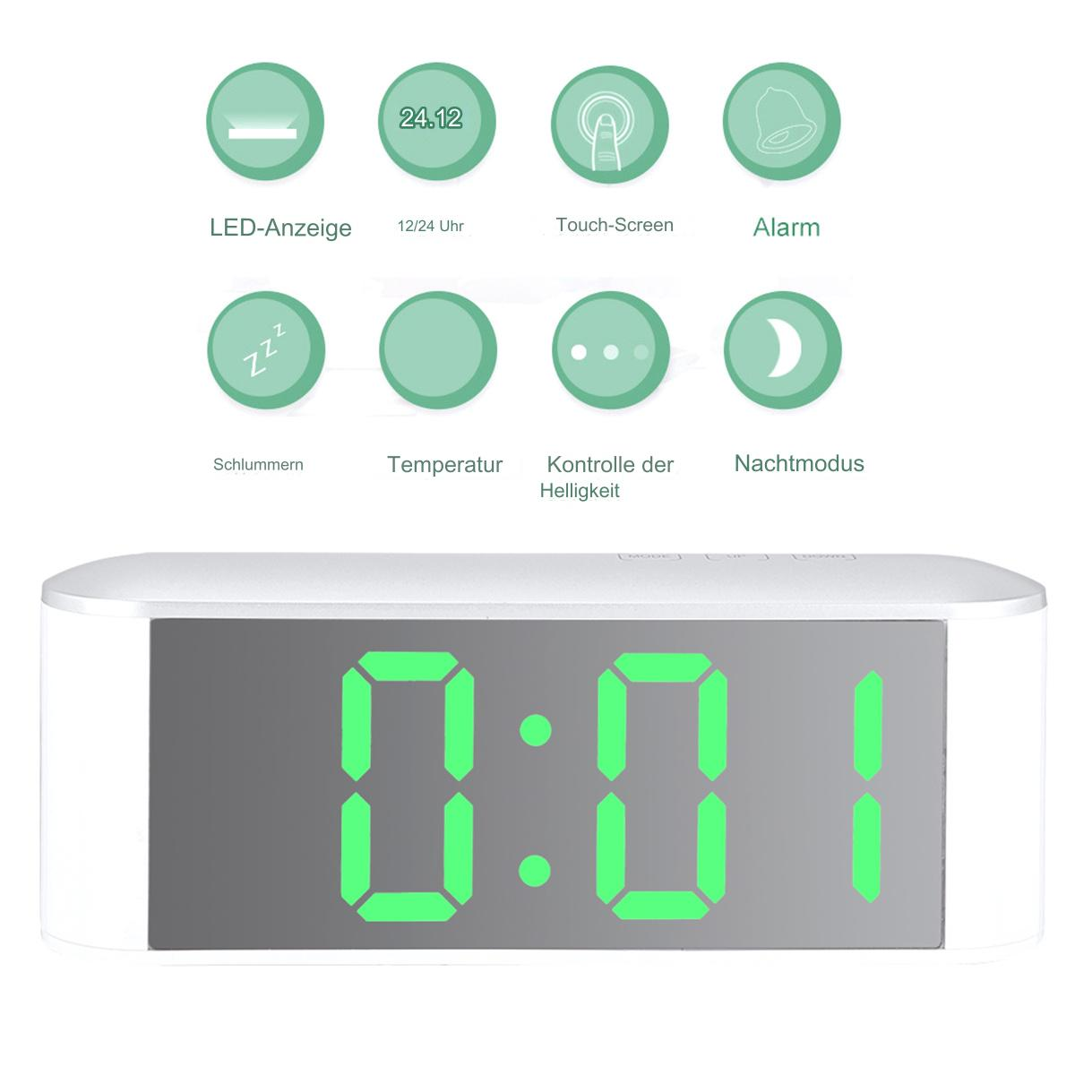 Digitaluhr mit Display und Symbolen. Grüne Ziffern. Weißes Gehäuse. Weißer Hintergrund.