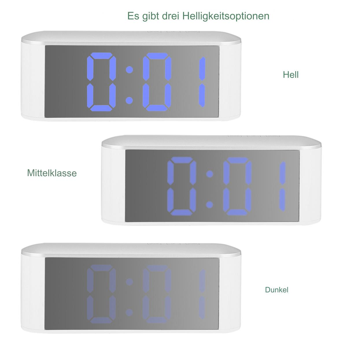 Drei digitale Wecker, die die Uhrzeit anzeigen. Die Uhr zeigt verschiedene Helligkeitsstufen.