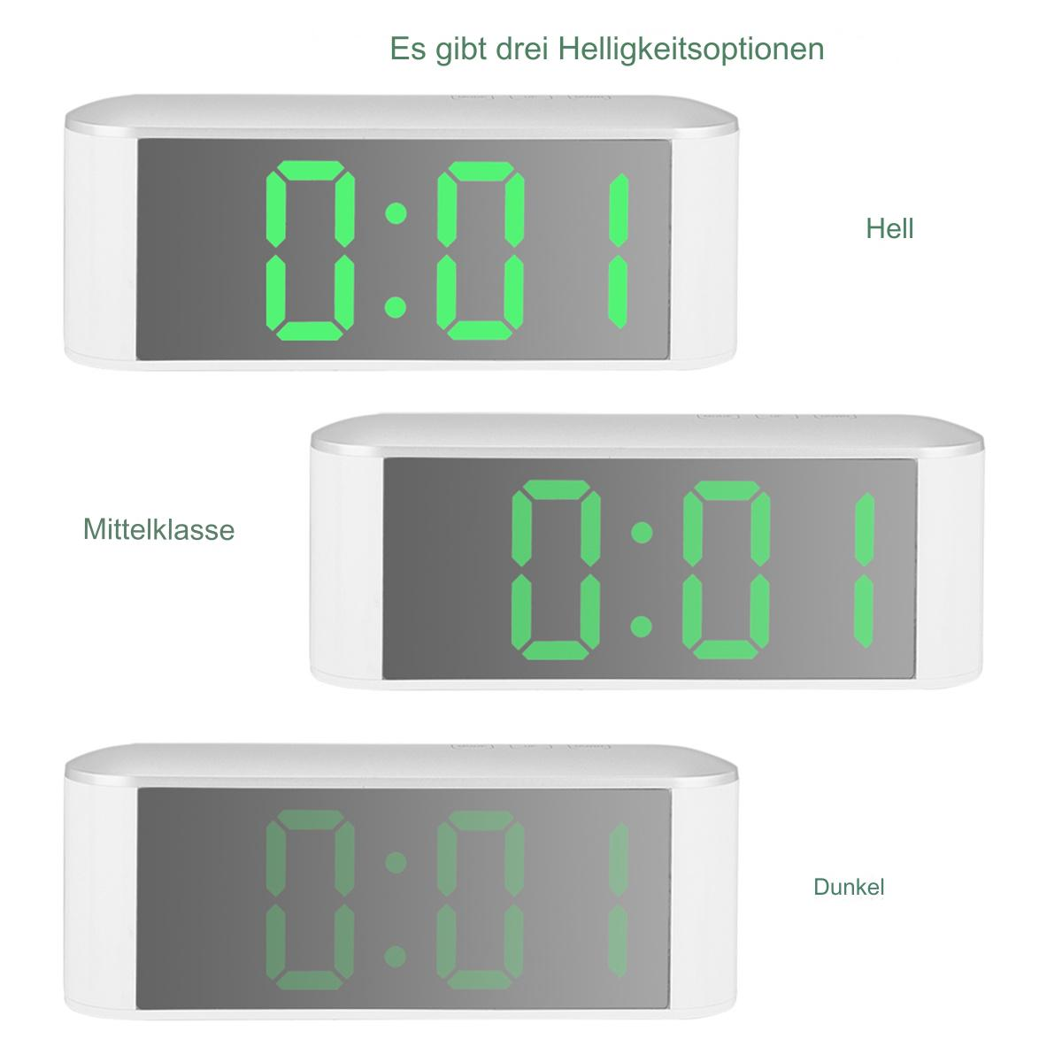 Drei digitale Wecker, die 0:01 anzeigen, mit Etiketten für helle, mittlere und dunkle Einstellungen.