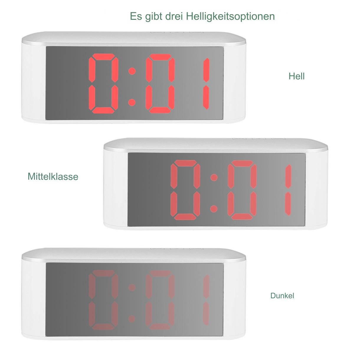 Eine Digitaluhr mit drei Helligkeitseinstellungen: hell, mittel und dunkel. Die Uhrzeit ist 0:01.