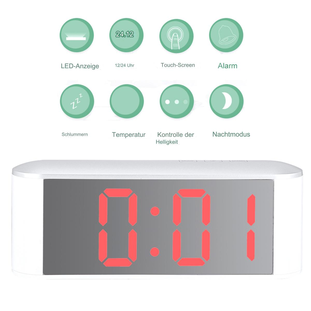 Eine weiße Spiegeluhr, die 0:01 anzeigt. Symbole oben zeigen Einstellungen für LED, Zeit, Touchscreen, Alarm usw.
