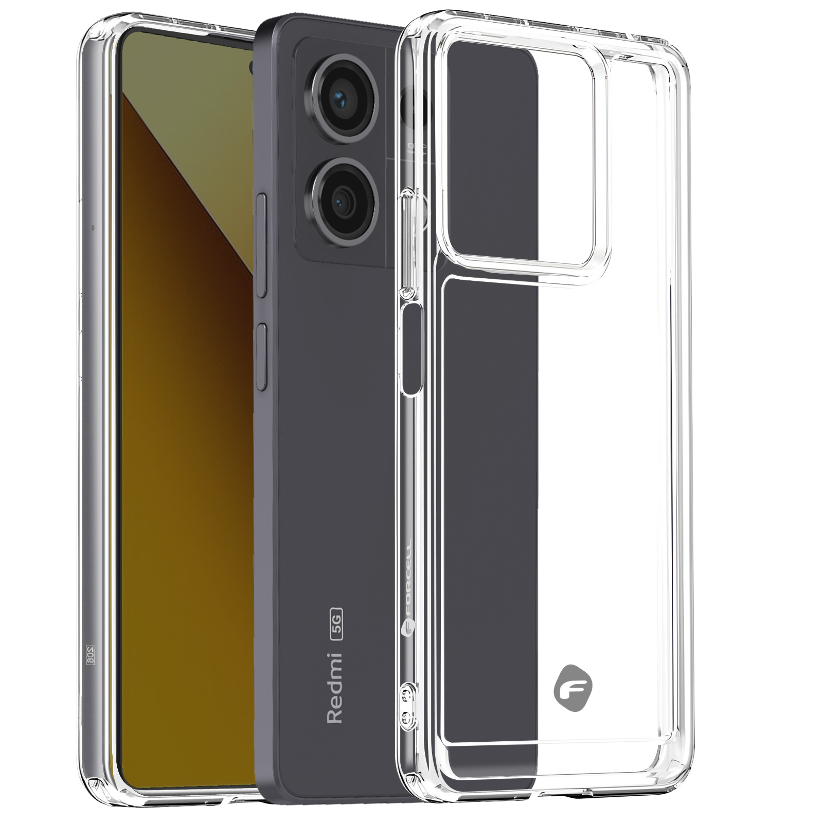 Un telefono Redmi 5G grigio scuro con una custodia protettiva trasparente. La custodia ha un ritaglio per la fotocamera.