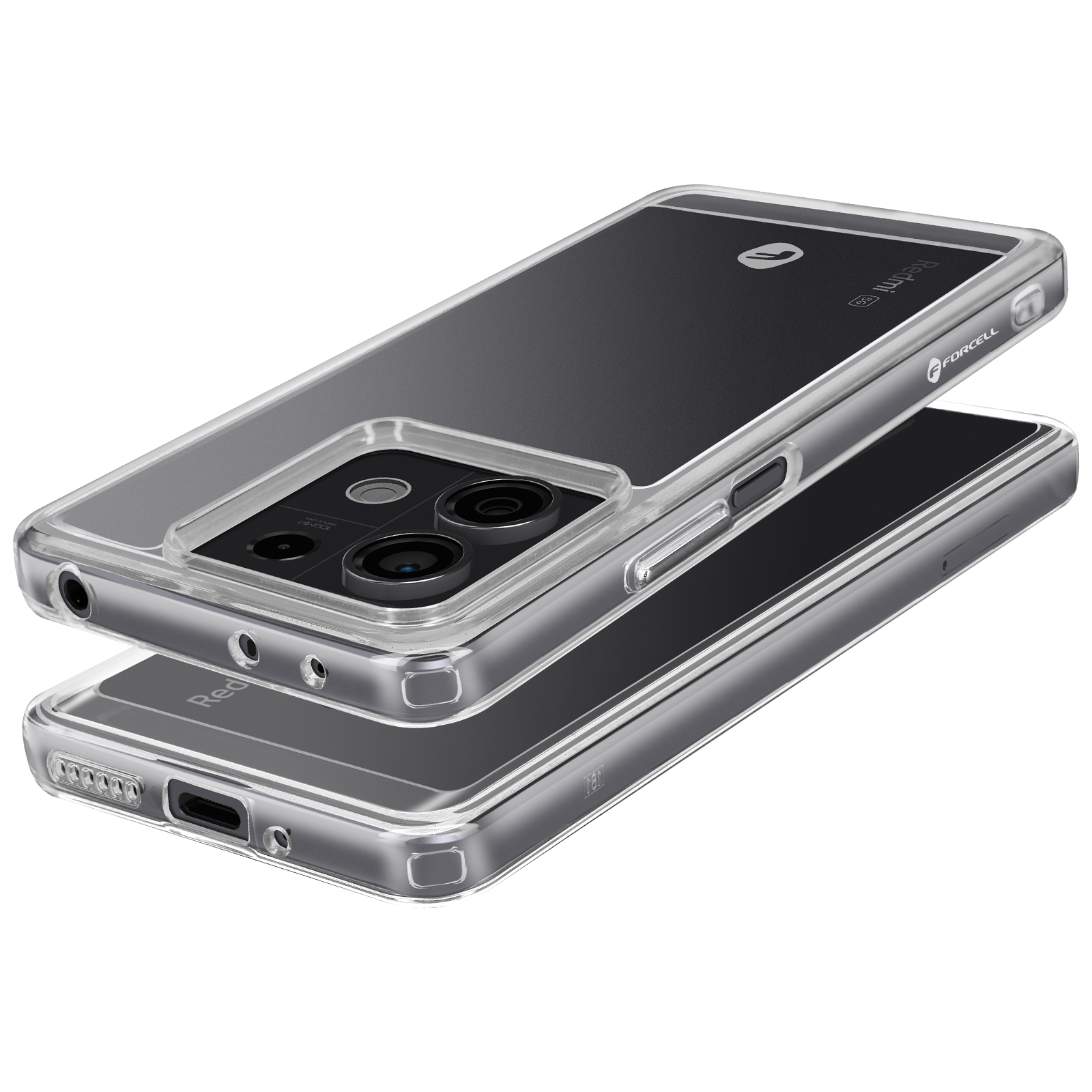 Custodia trasparente per telefono su un telefono nero. La custodia ha ritagli per la fotocamera e un logo Forcell.