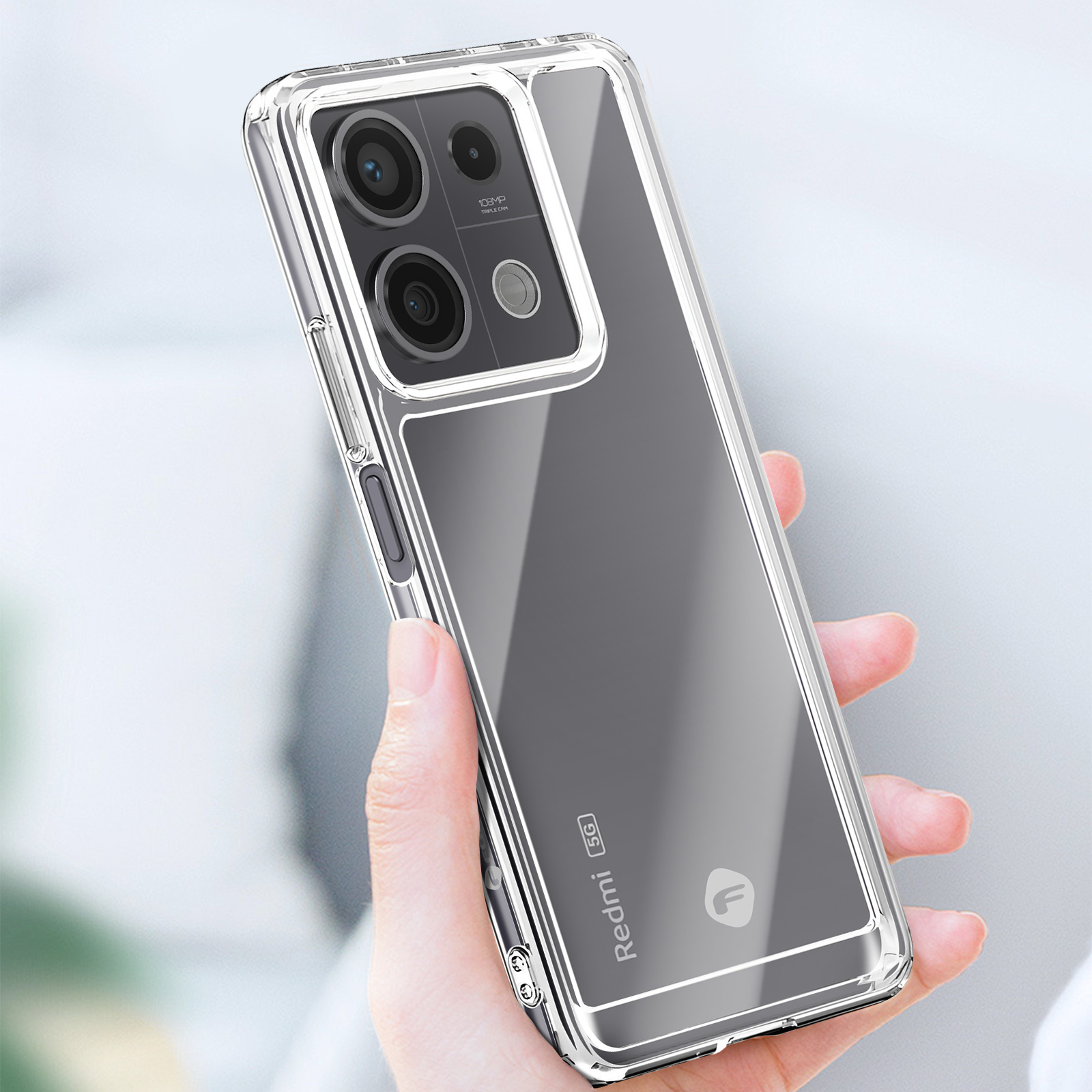 Custodia trasparente con telefono dentro, tenuta in mano. Il telefono ha tre fotocamere.