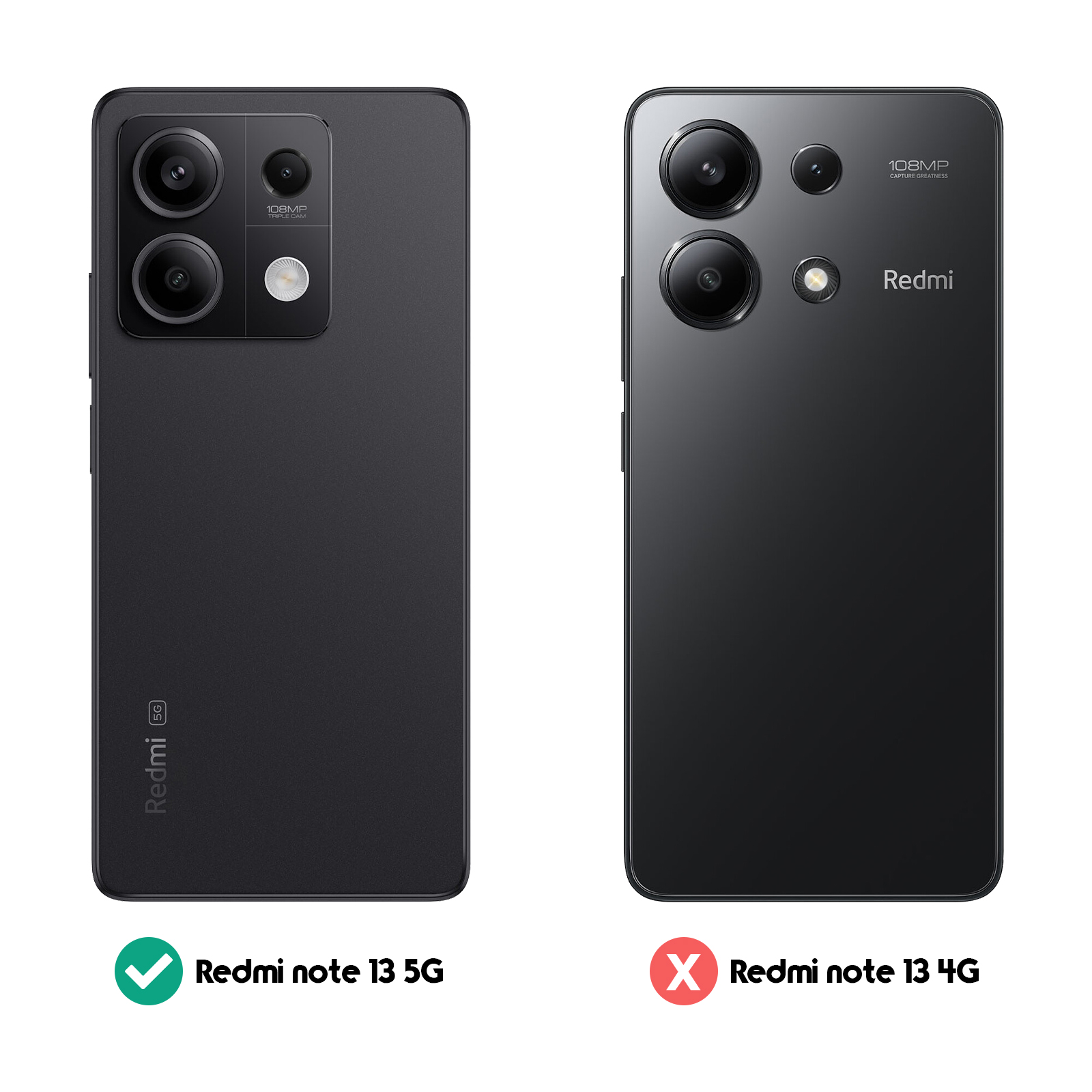 Due telefoni neri, uno con etichetta Redmi note 13 5G e l'altro Redmi note 13 4G.