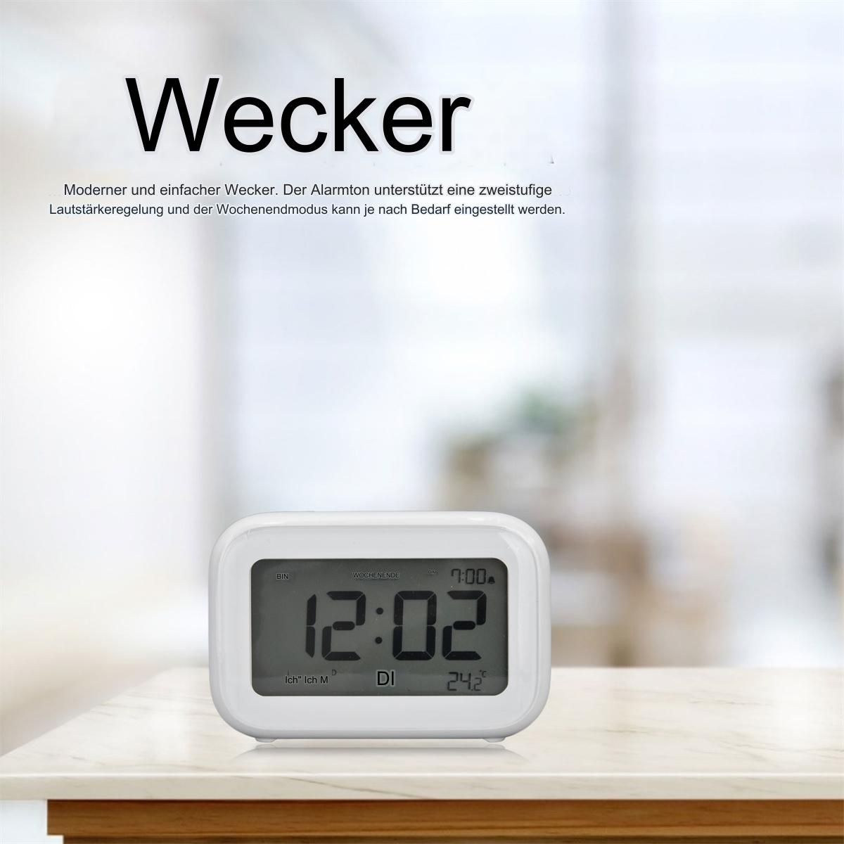 Ein weißer digitaler Wecker, der die Uhrzeit und Temperatur auf einem Tisch anzeigt.