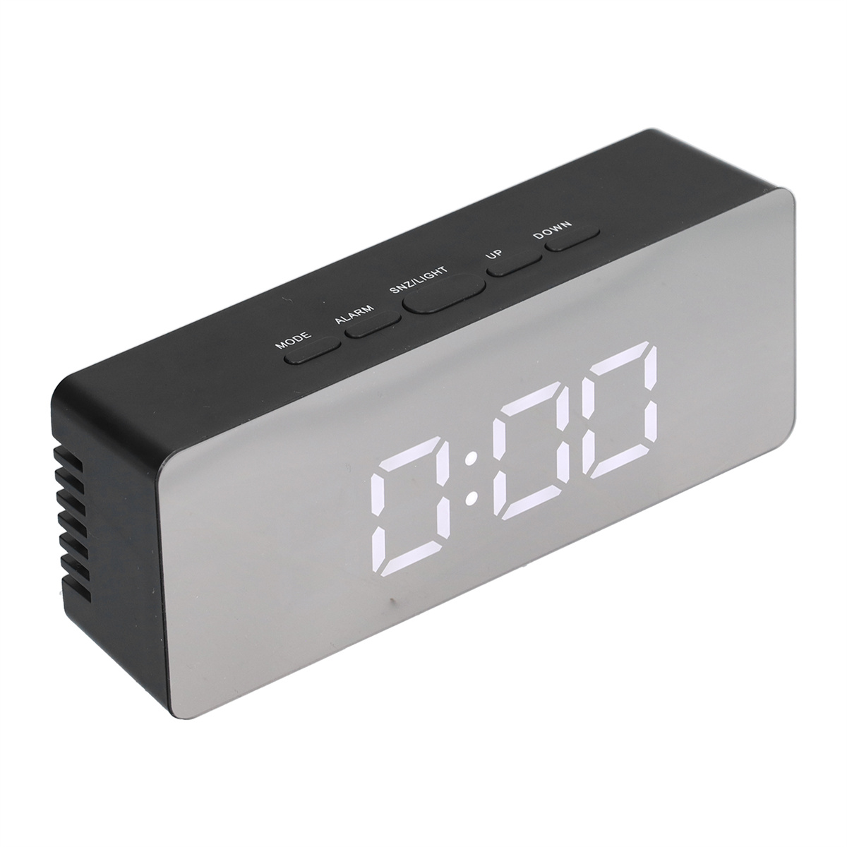 Schwarze Digitaluhr. Die Uhr zeigt die Zeit 0:00 in weißen Ziffern an. Es hat Knöpfe.