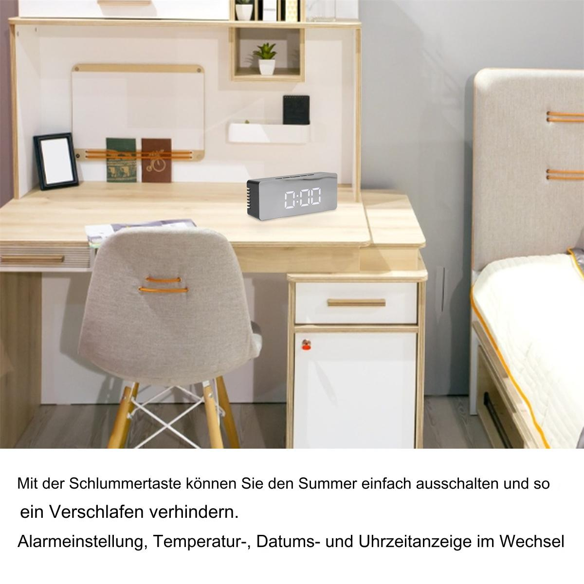 Eine Digitaluhr auf einem Schreibtisch in einem gut beleuchteten Raum.