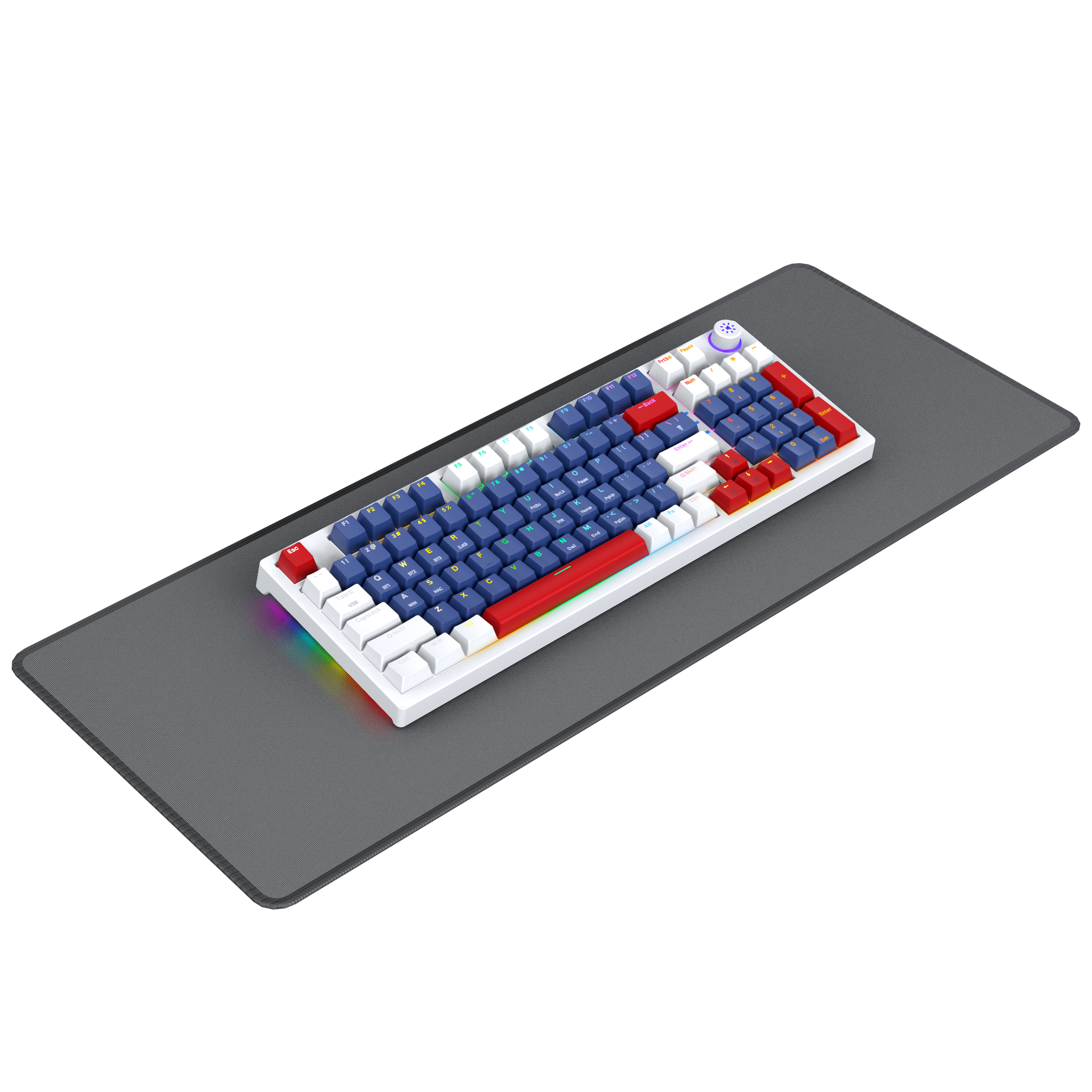 Klawiatura na podkładce pod mysz, z niebieskimi i czerwonymi klawiszami i białą ramką.
