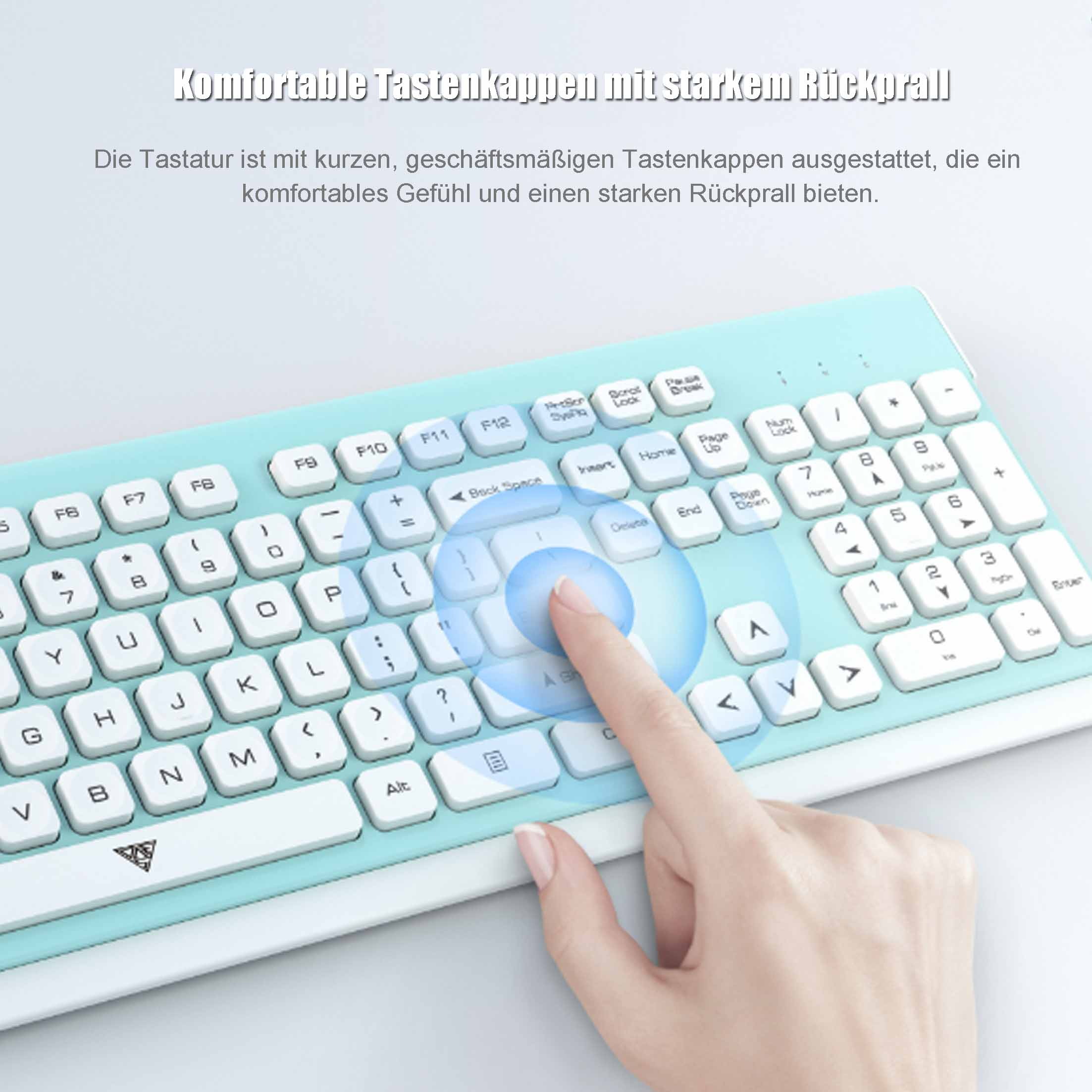 Klawiatura z jasnoniebieskimi klawiszami i białymi znakami. Palec dotyka klawisza backspace.