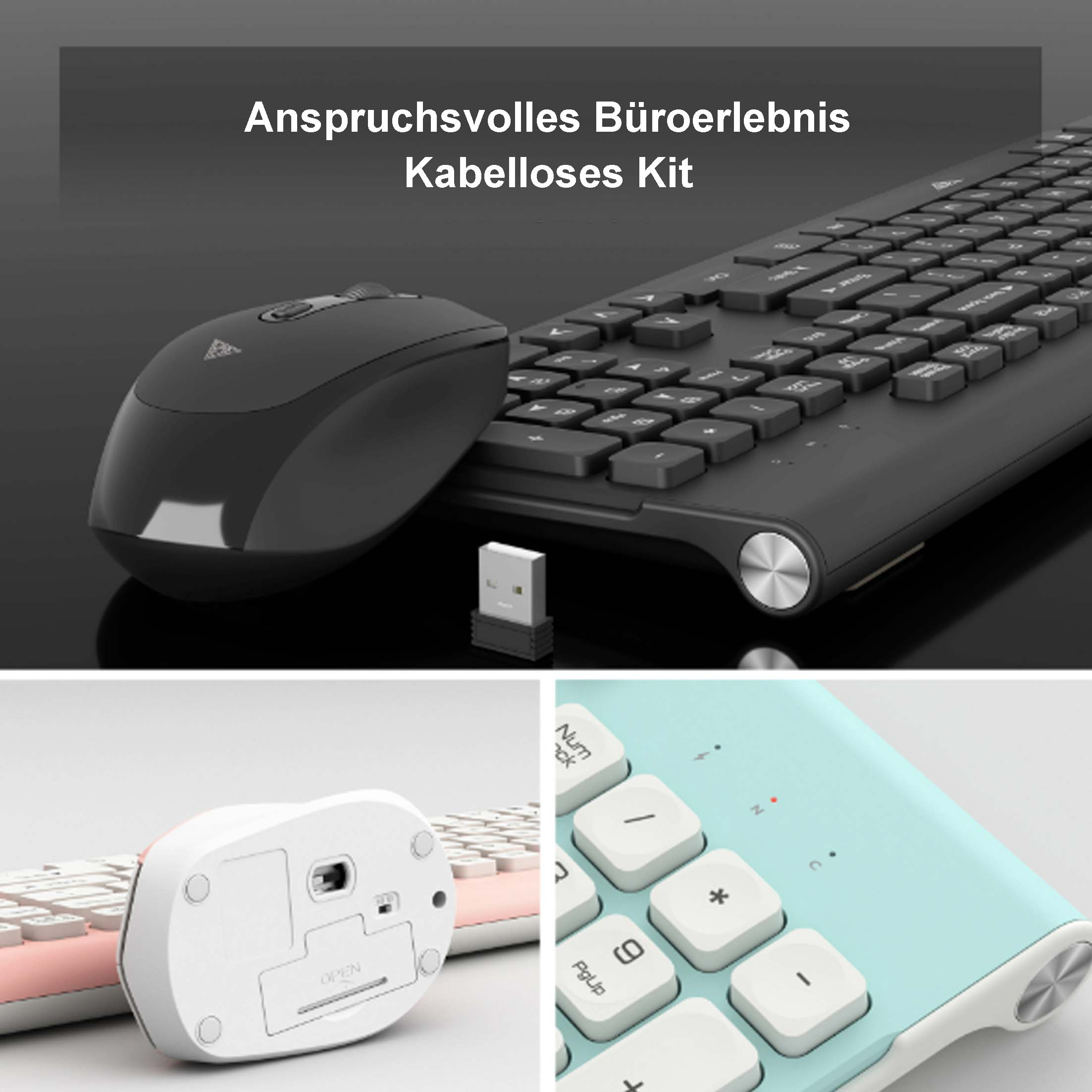 Czarna mysz, klawiatura i odbiornik USB w zestawie, z kolorowymi detalami.