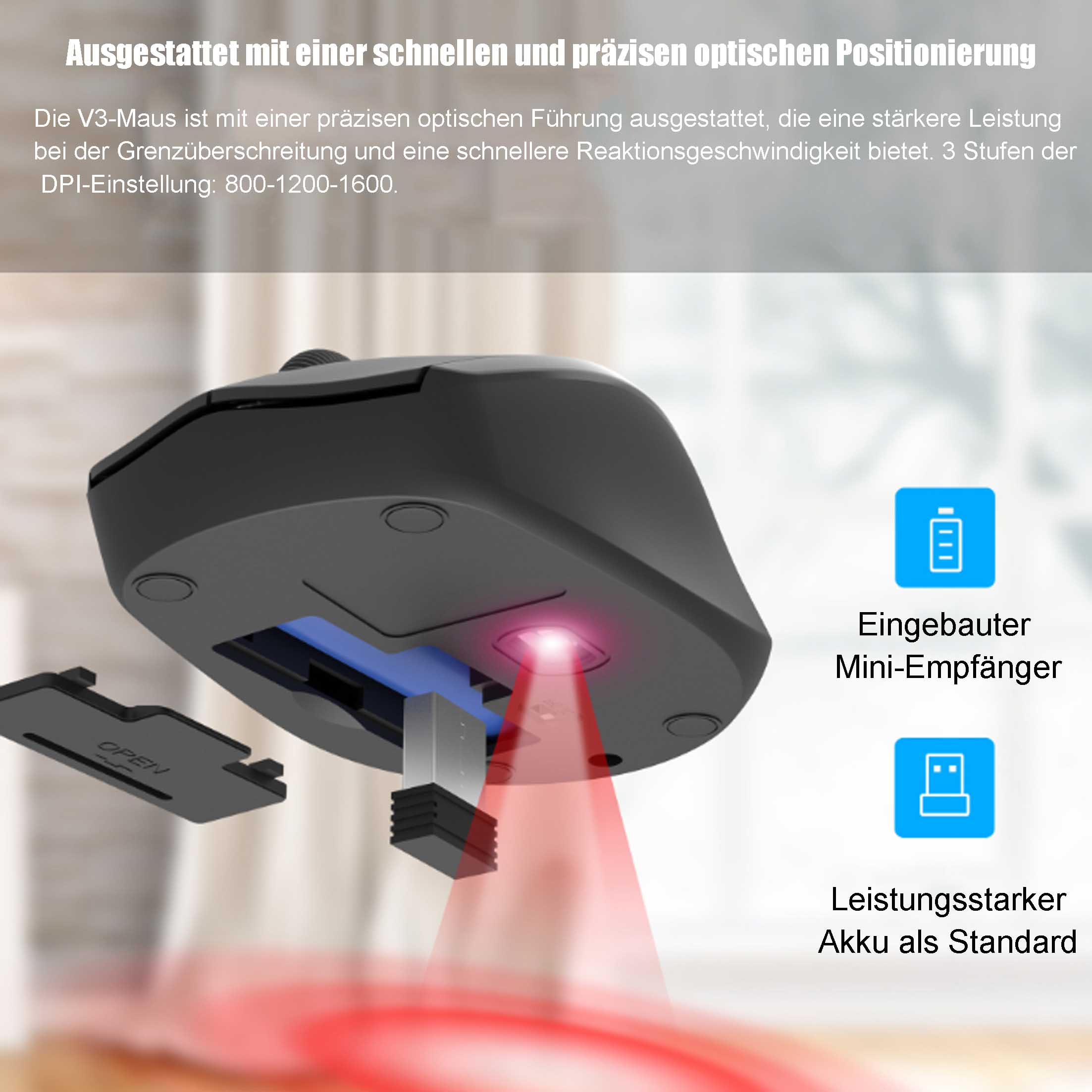 Czarna bezprzewodowa mysz z czerwonym światłem i mini odbiornikiem. Tekst i ikony opisują funkcje.