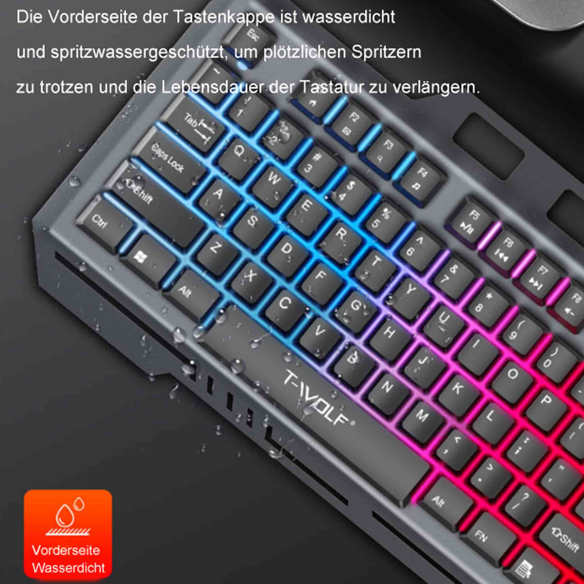 Zbliżenie podświetlanej klawiatury z tęczowymi kolorami i kroplami wody.