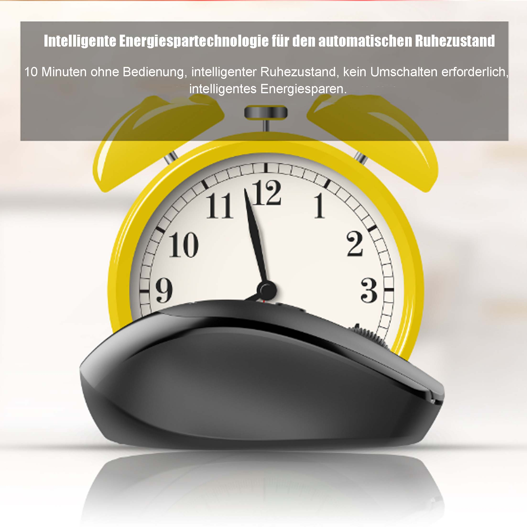 Żółty budzik z czarną myszą. Tekst: Inteligentna technologia oszczędzania energii.