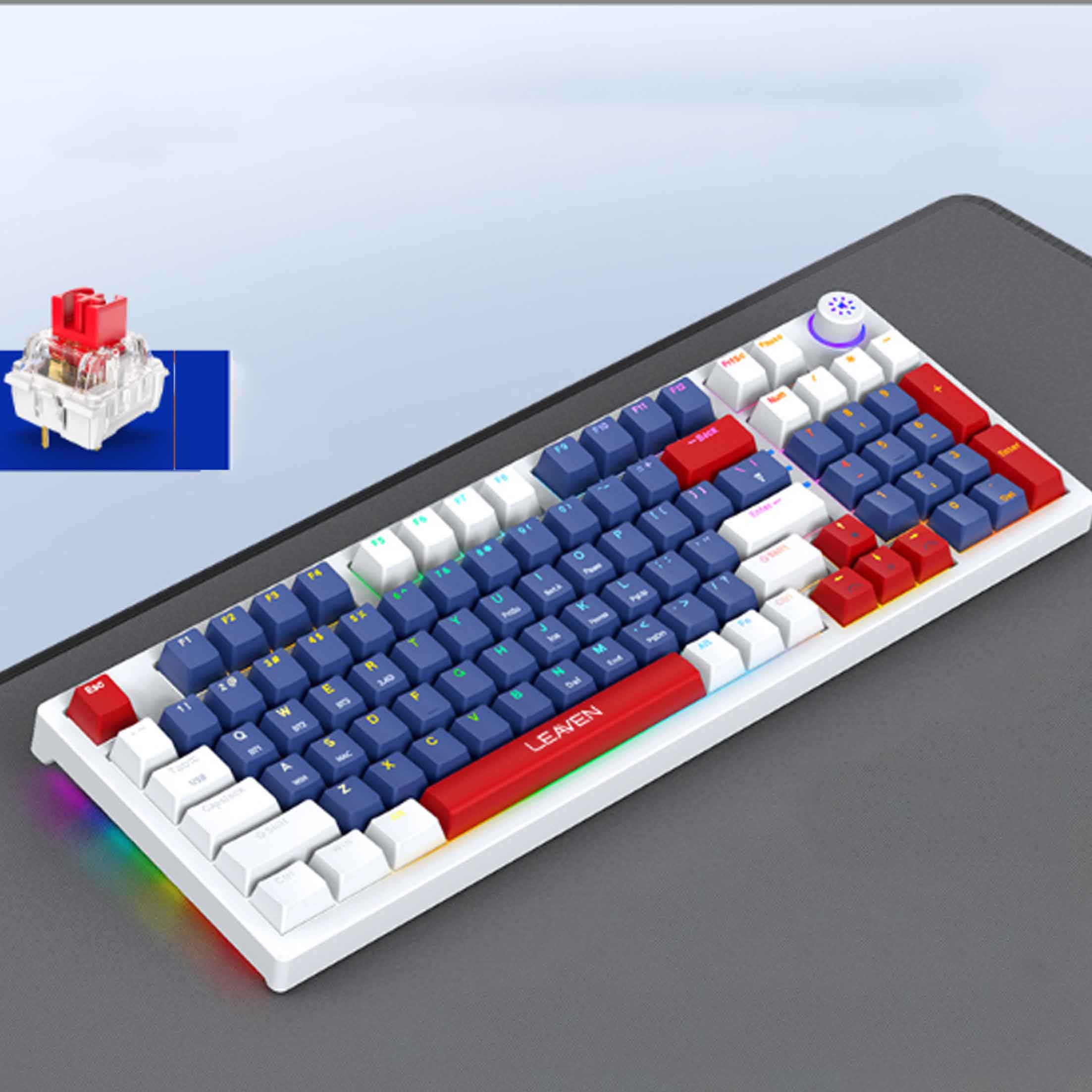Weiße Tastatur mit blauen und roten Tasten. Ein roter Schalter ist gezeigt. Regenbogenlichter am unteren Rand.