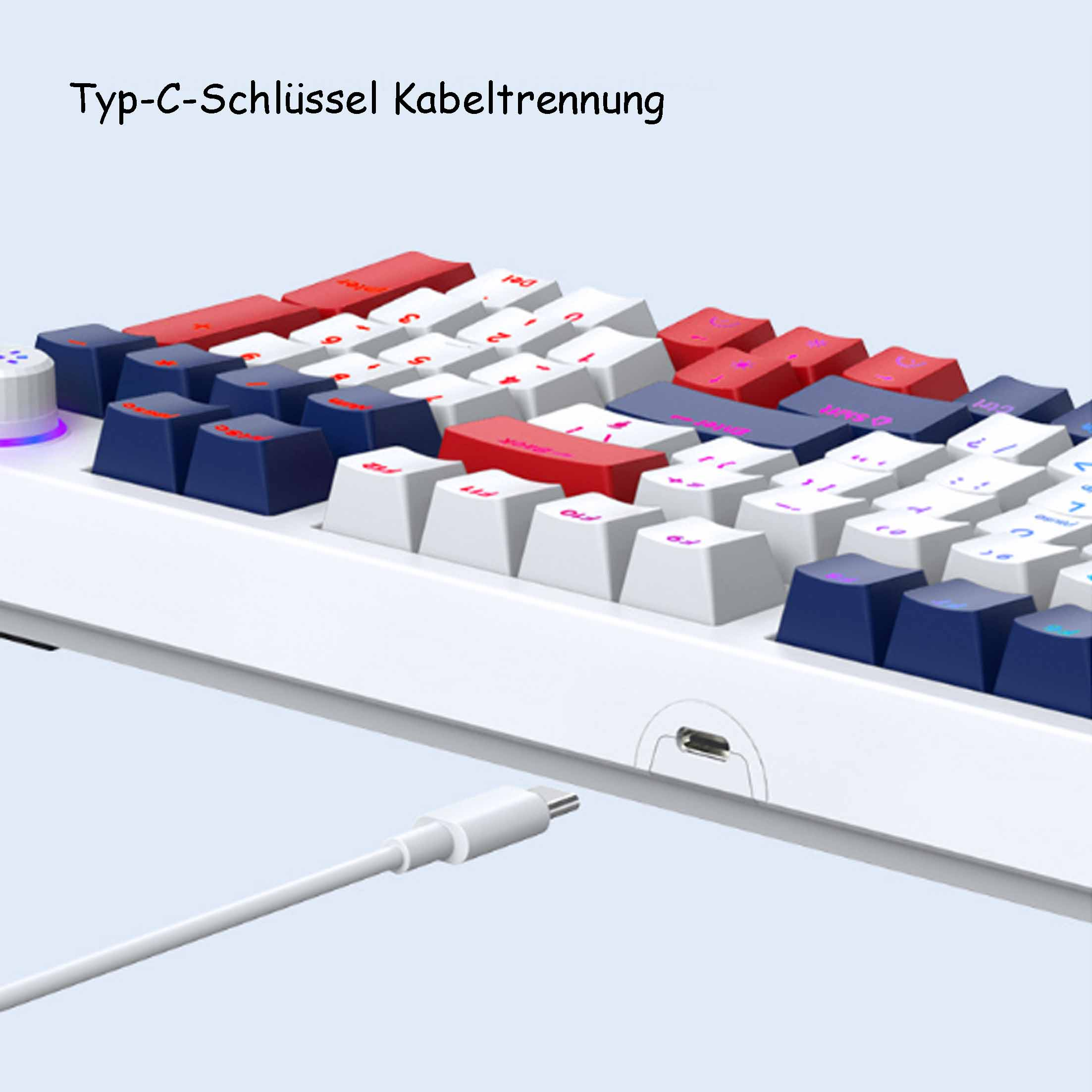 Biała klawiatura z kolorowymi klawiszami i podłączonym kablem USB-C.