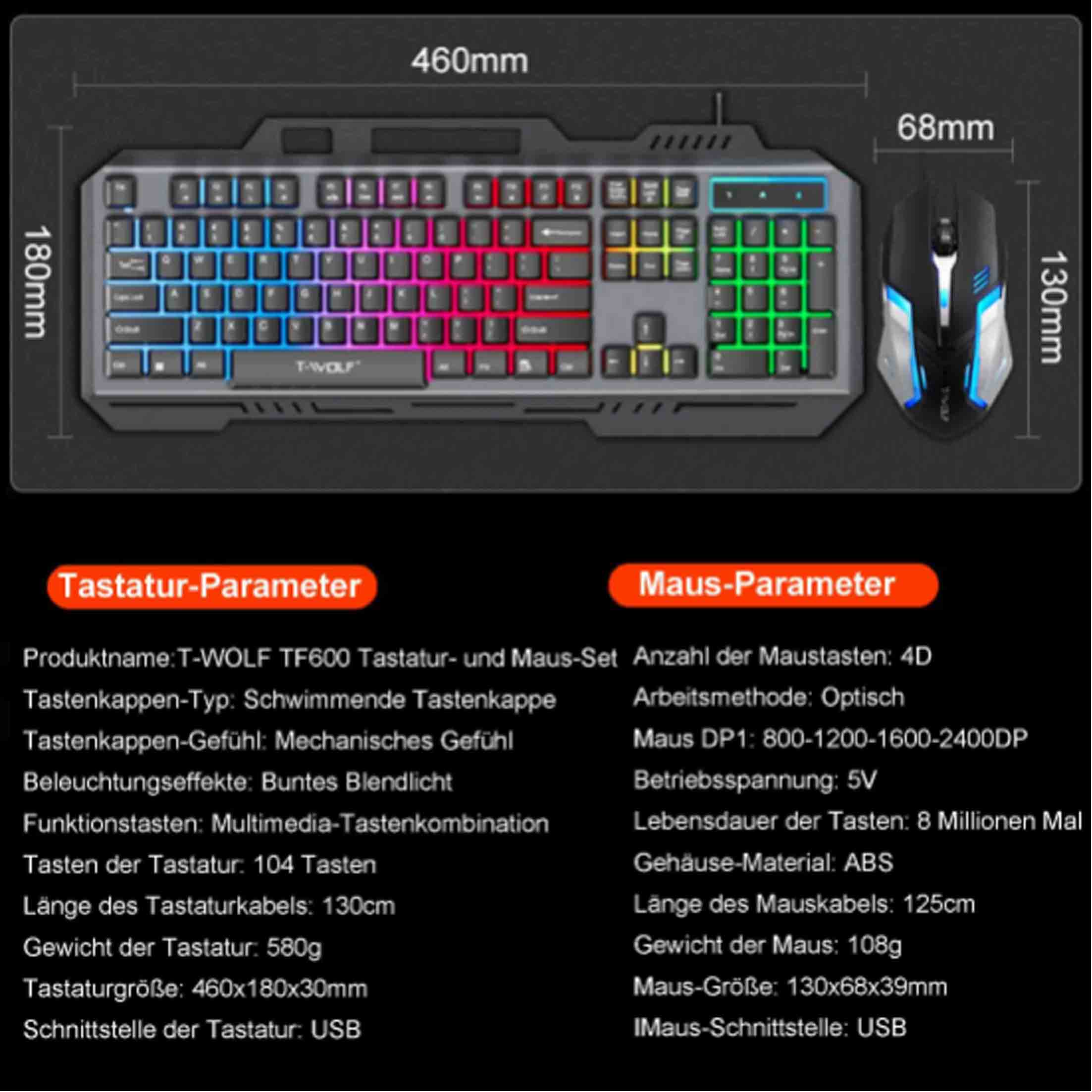 Schwarz-graues Gaming-Tastatur- und Maus-Set. Details einschließlich Abmessungen und Spezifikationen sind aufgeführt.
