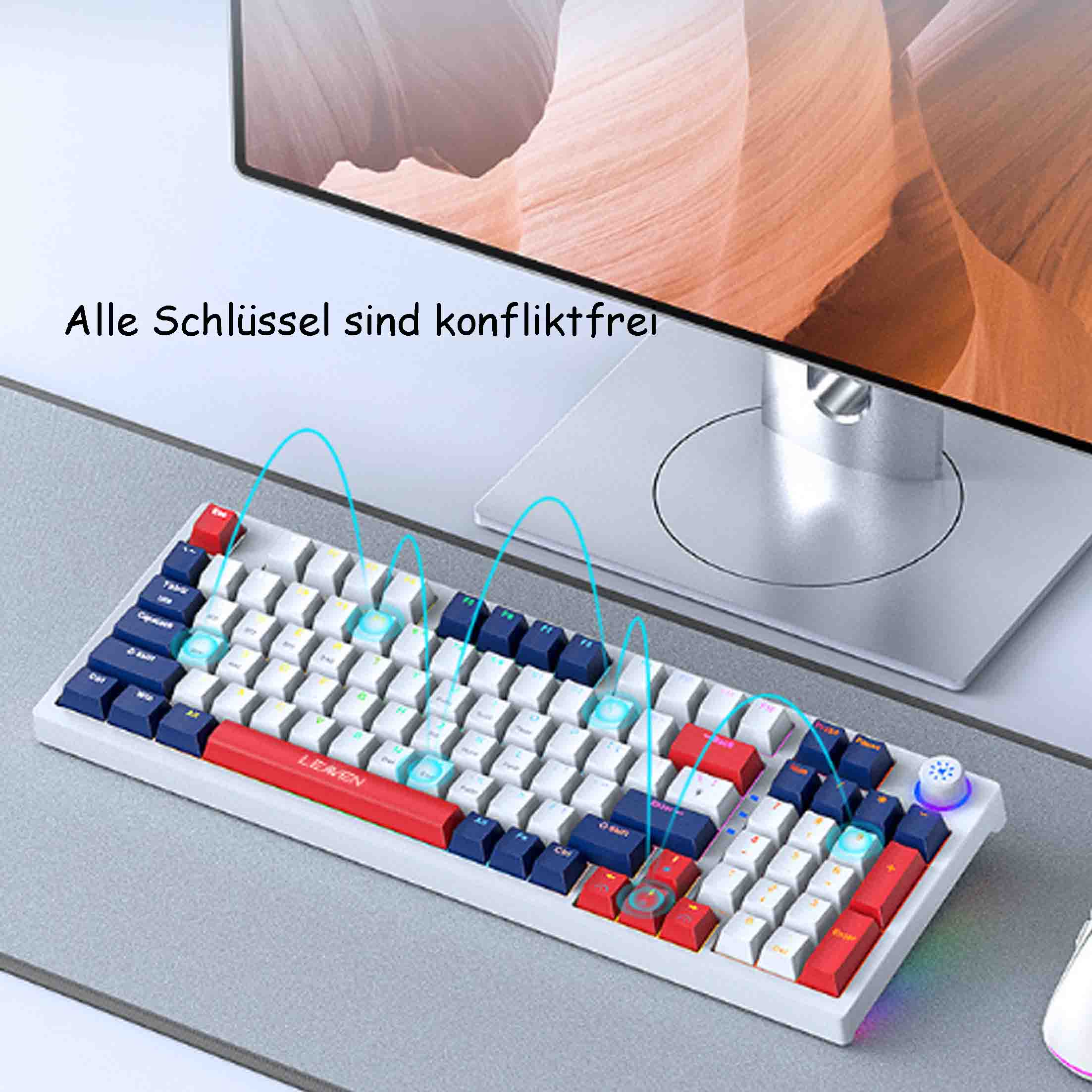 Biała klawiatura z czerwonym, niebieskim i białym układem klawiszy. Tekst 'LEMEN' znajduje się na spacji.