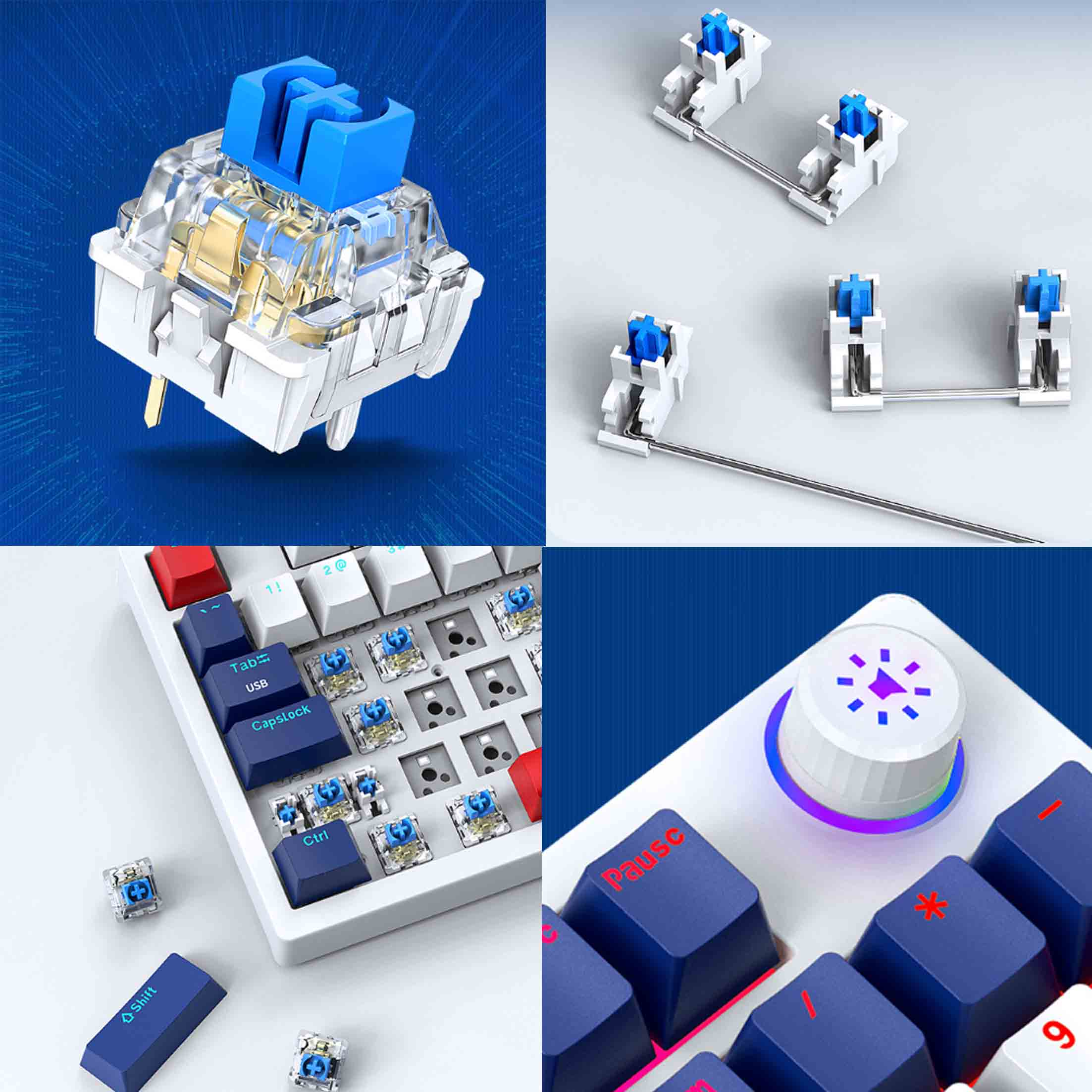 Elementy klawiatury: klawisze, przełączniki i pokrętło, z biało-niebieską kolorystyką.