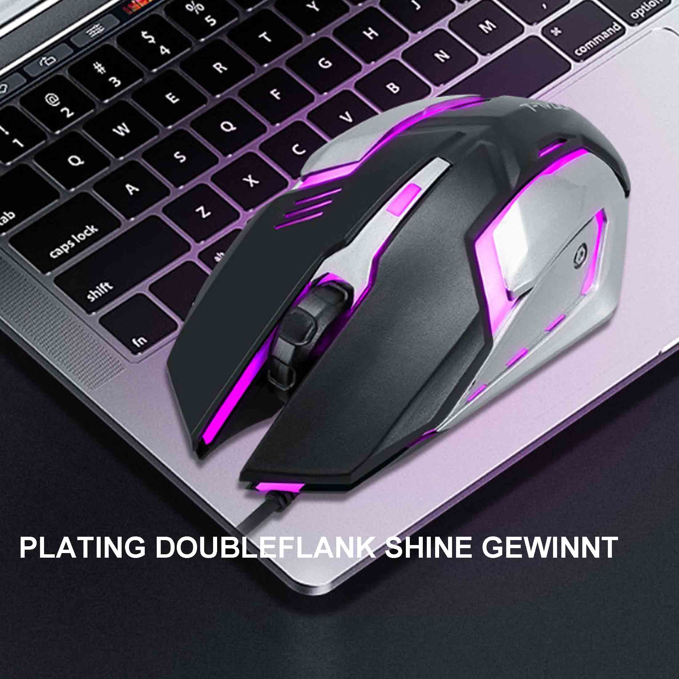 Mysz do gier na laptopie, z różowym oświetleniem.