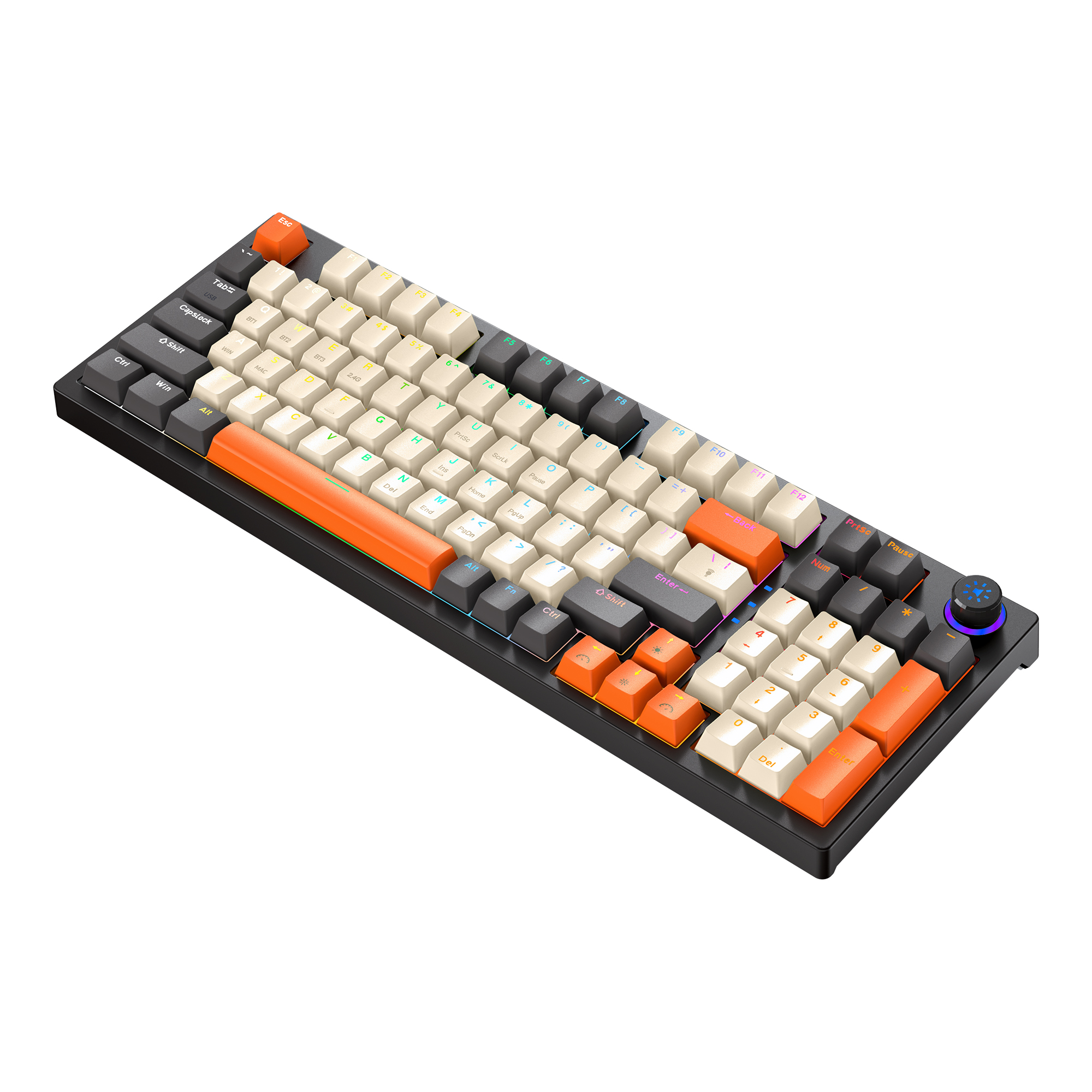 Klawiatura mechaniczna, czarna z pomarańczowymi i białymi nakładkami na klawisze. Widok pod kątem.