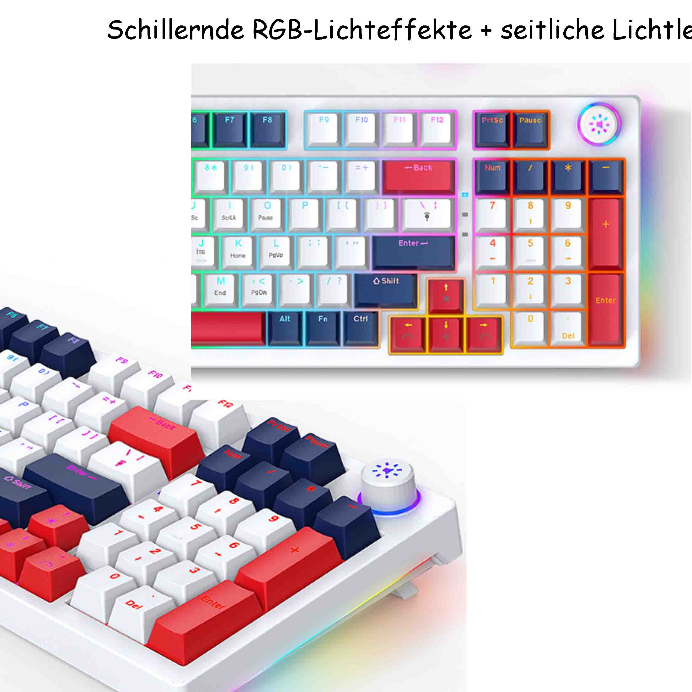 Biała klawiatura z czerwonymi i niebieskimi klawiszami oraz białym pokrętłem. Klawiatura leży na białej powierzchni.