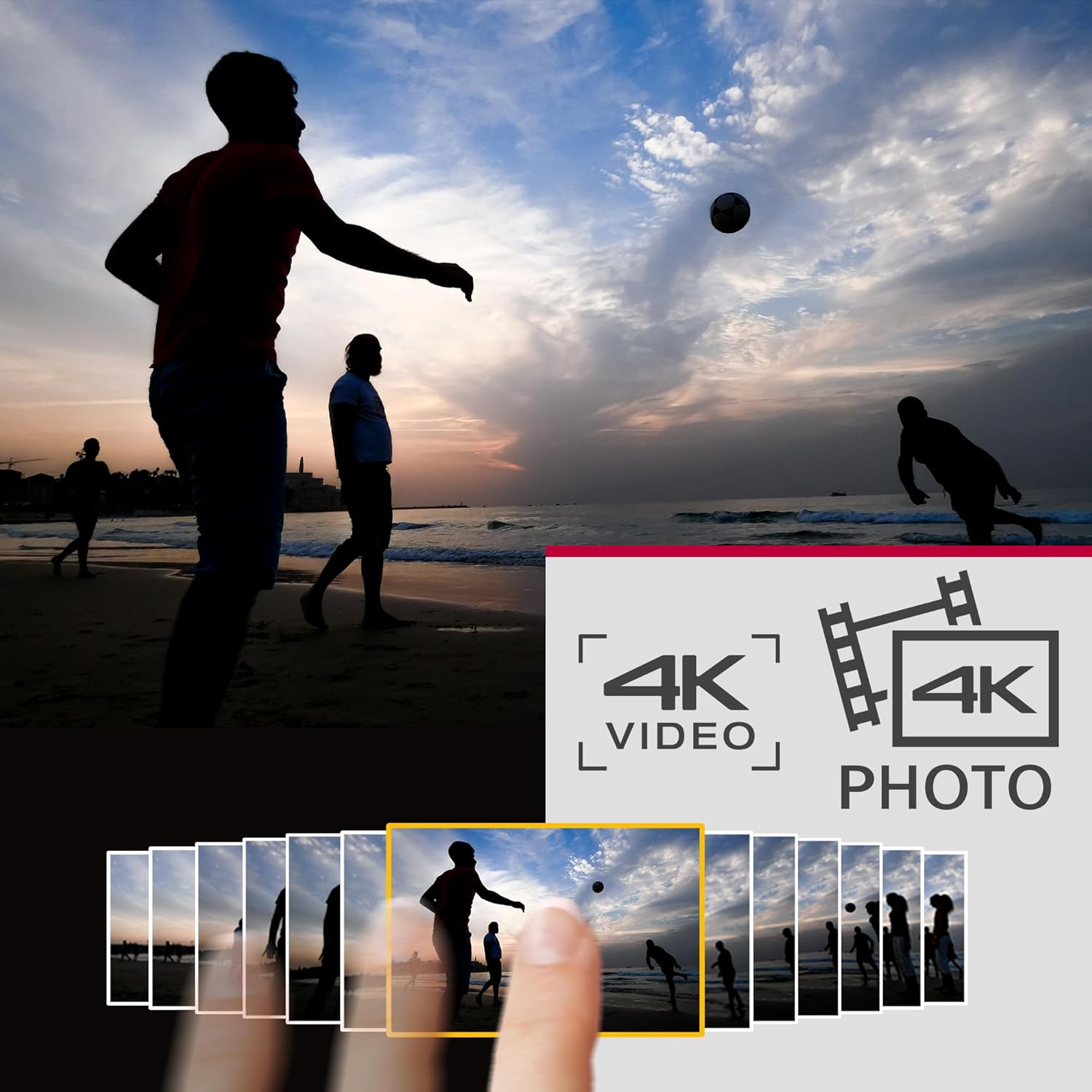Leute spielen Beachvolleyball, Sonnenuntergang, mit 4K Video- und Foto-Symbolen.