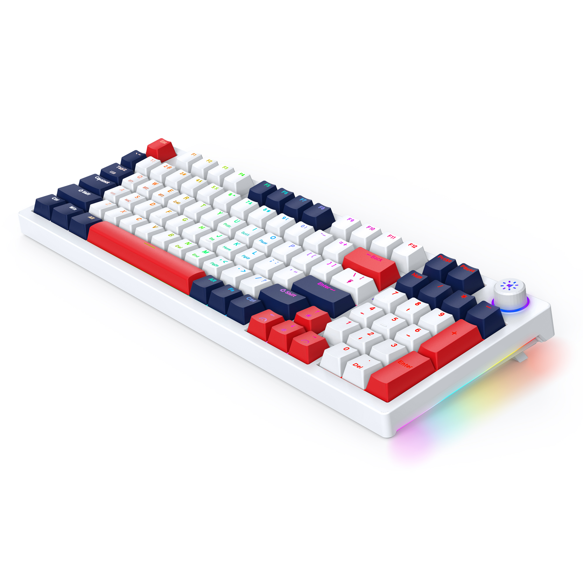 Biało-czarna klawiatura mechaniczna z czerwonymi i niebieskimi klawiszami. Posiada pokrętło głośności.