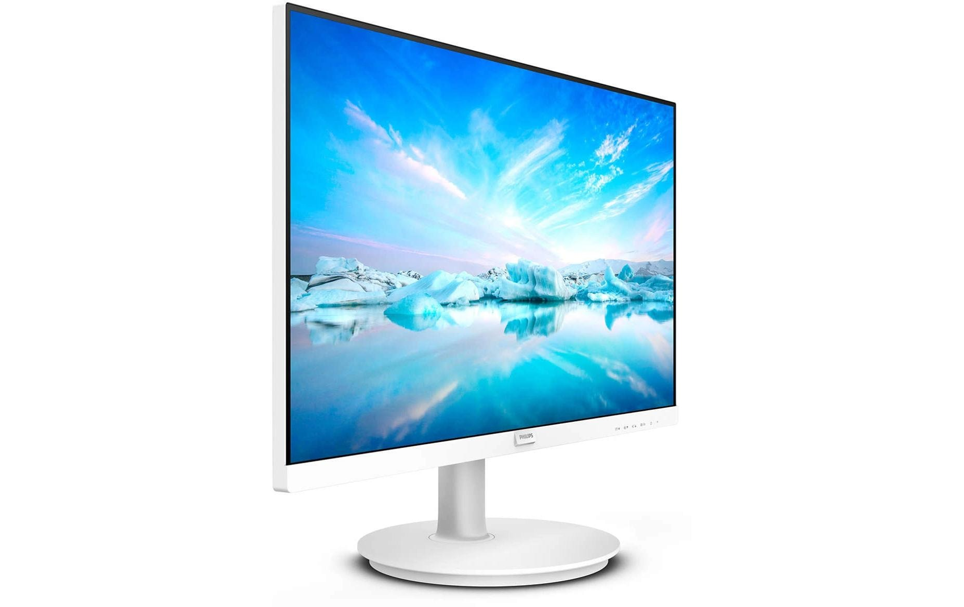 Biały monitor z obrazem błękitnego nieba i gór lodowych, na białym stojaku. Profil boczny.