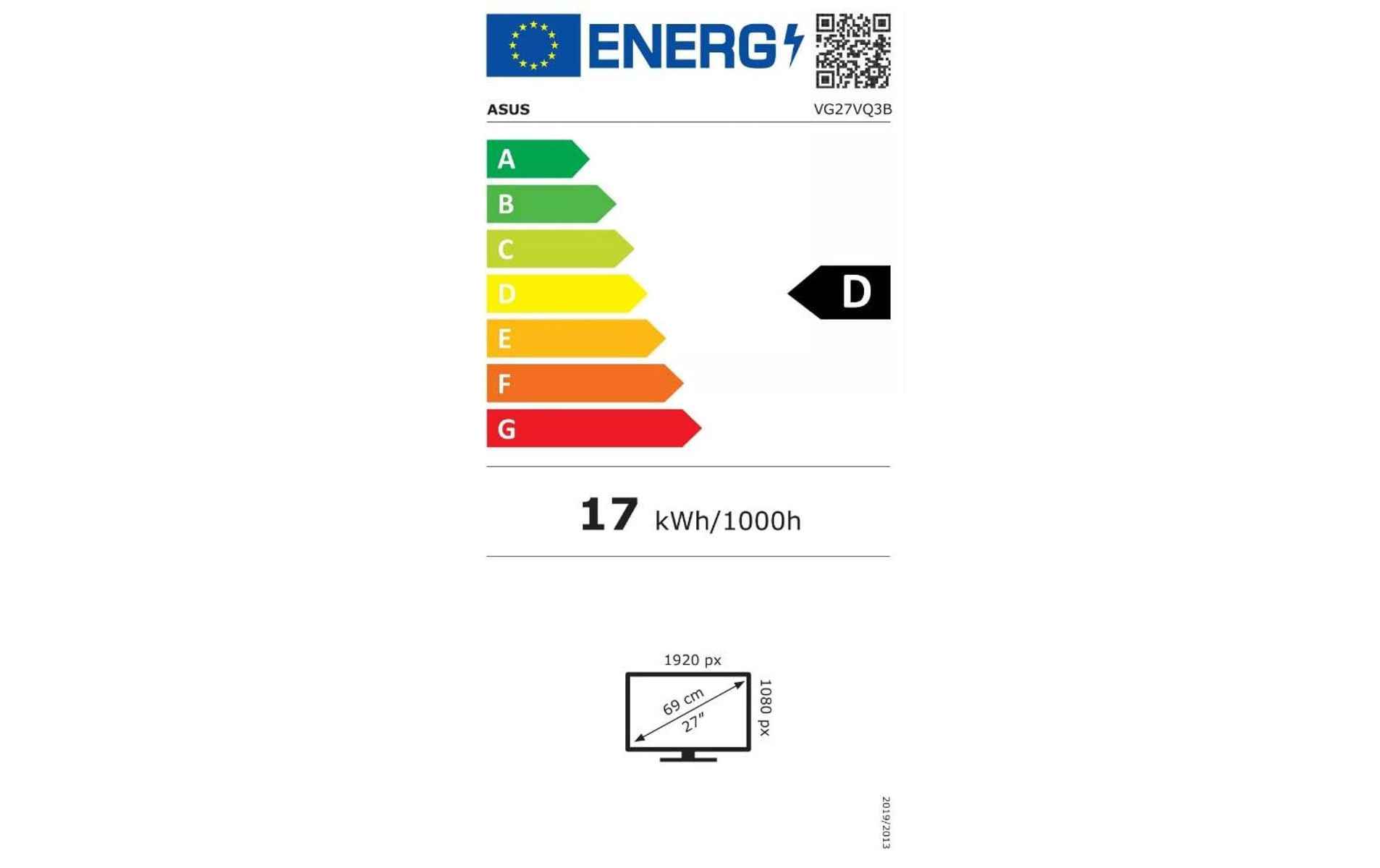 Een energielabel voor een monitor, met energie-efficiëntieklasse D. Toont verbruiksdetails.