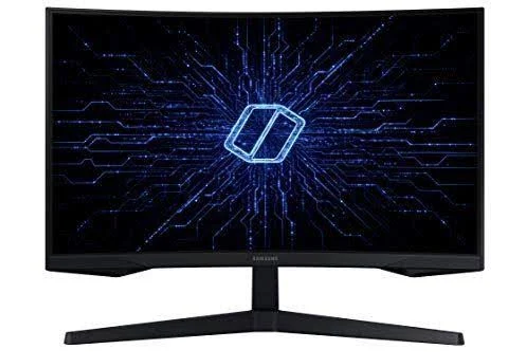 Monitor Samsung curvo. Schermo nero con linee blu luminose e un logo. Supporto nero.