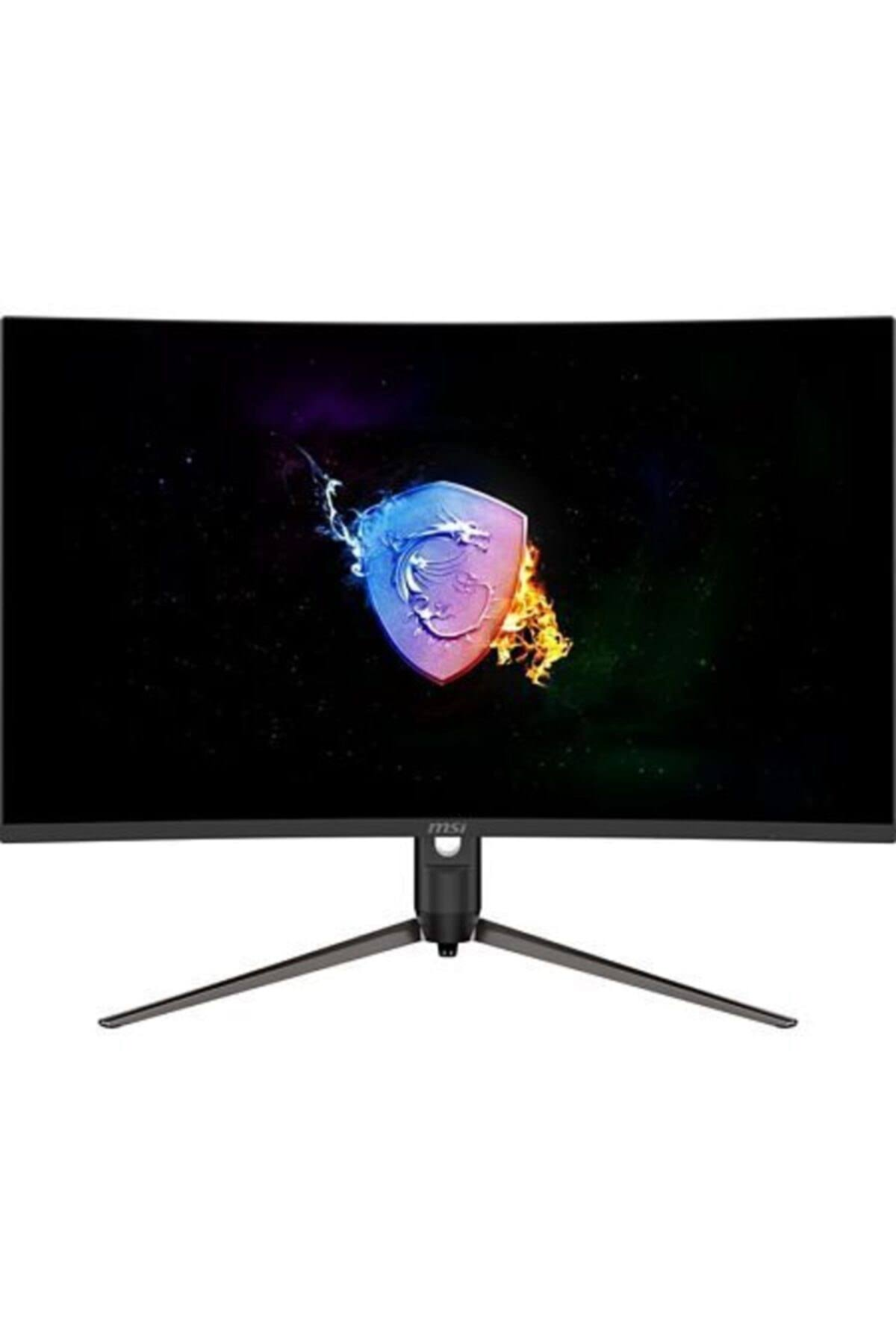 Un monitor curvo per computer con un logo di drago sullo schermo e un supporto nero.