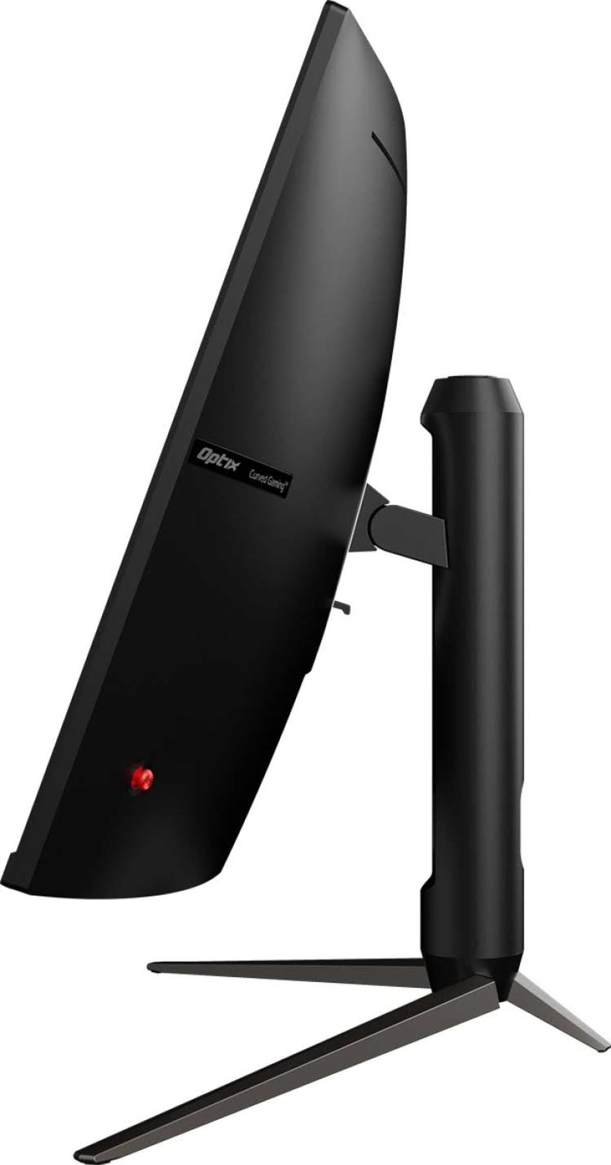 Monitor per computer nero di lato, con supporto e pulsante di accensione rosso.
