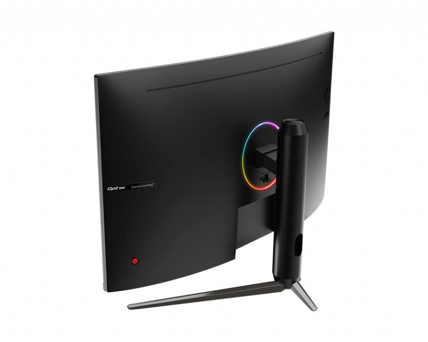 Vista posteriore di un monitor curvo nero con supporto colorato.