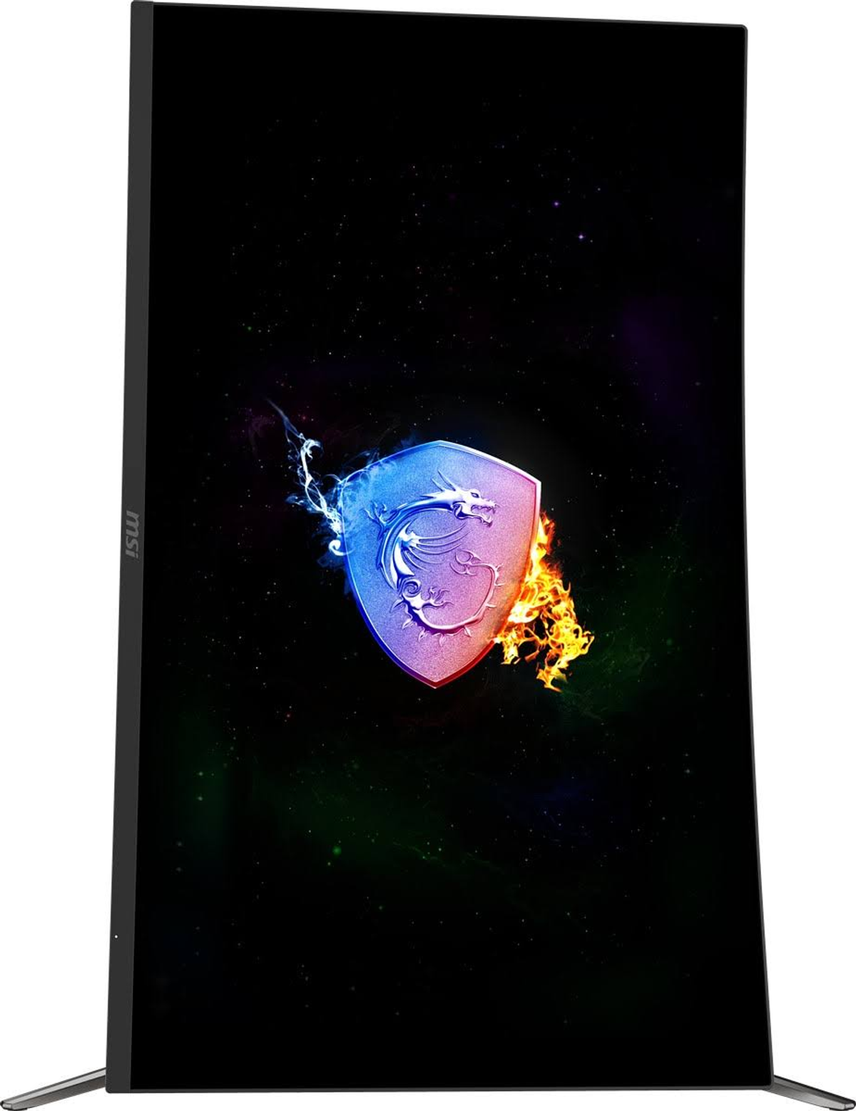Monitor MSI per computer. Presenta un logo a scudo su uno sfondo scuro con effetti di colore.