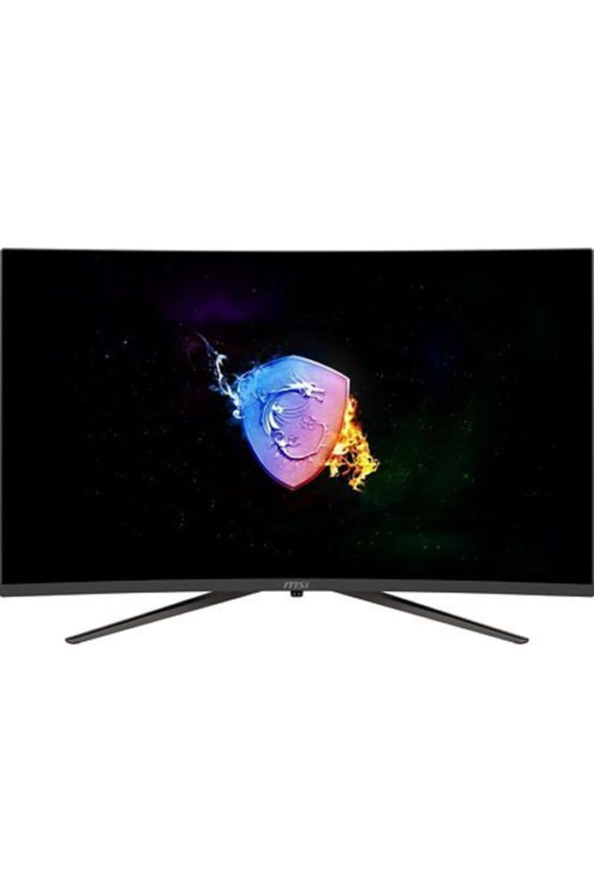 Monitor curvo MSI che mostra un logo colorato su sfondo nero.