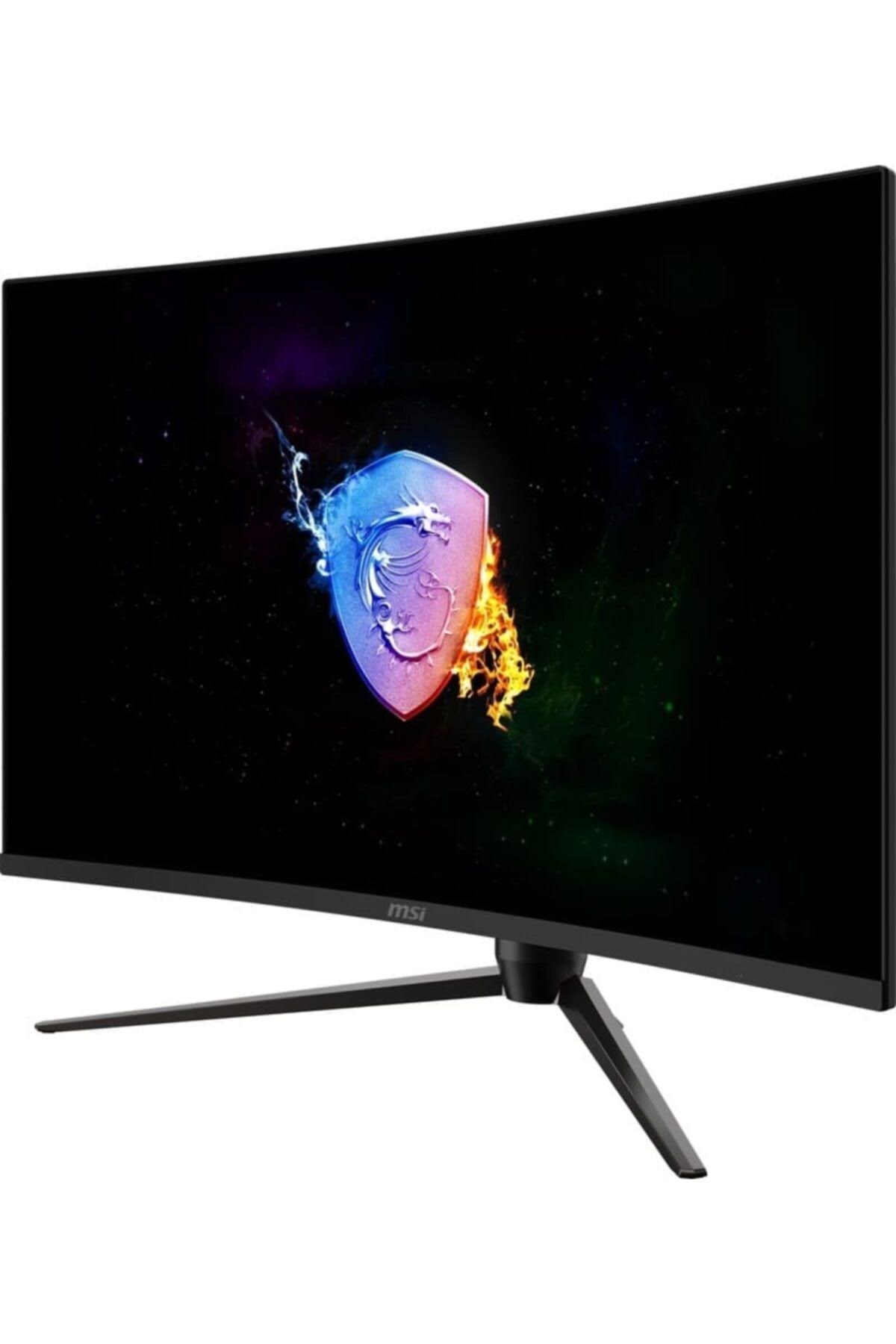 Monitor MSI curvo che mostra una scena di gioco con un emblema di drago.