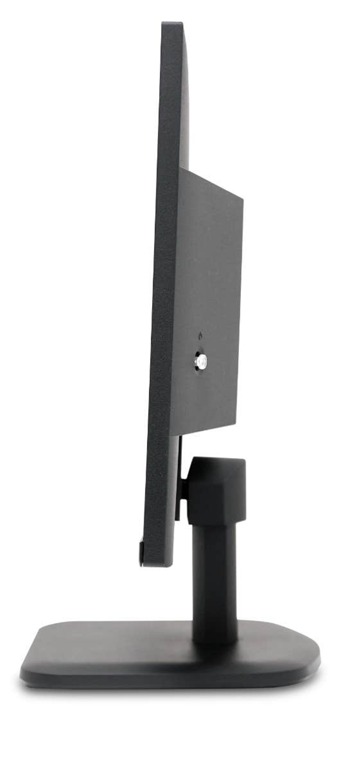 Vista lateral de monitor negro con soporte, mostrando pantalla delgada y diseño simple.