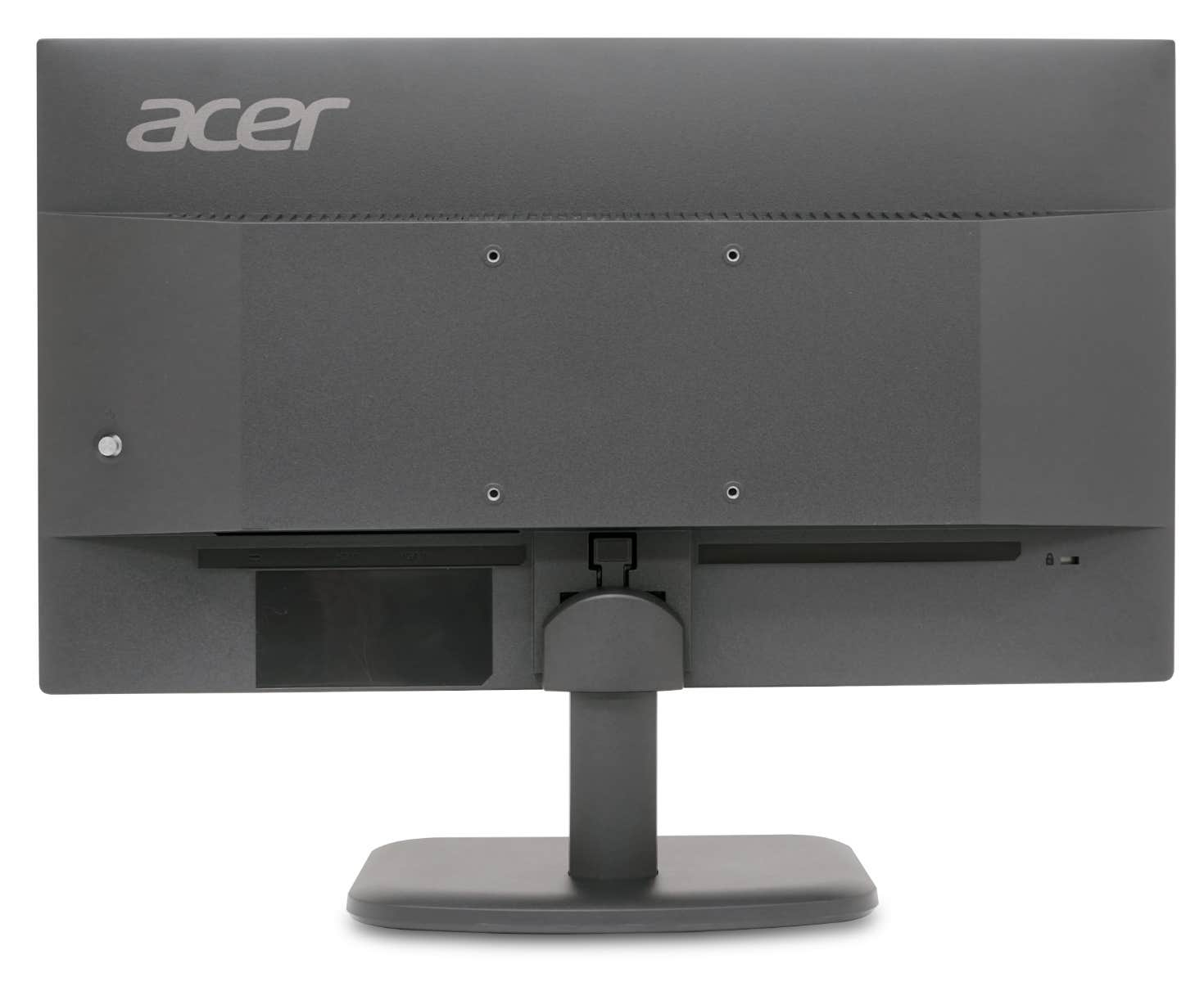 Vista trasera de un monitor Acer negro con soporte. El logo de Acer es visible arriba.