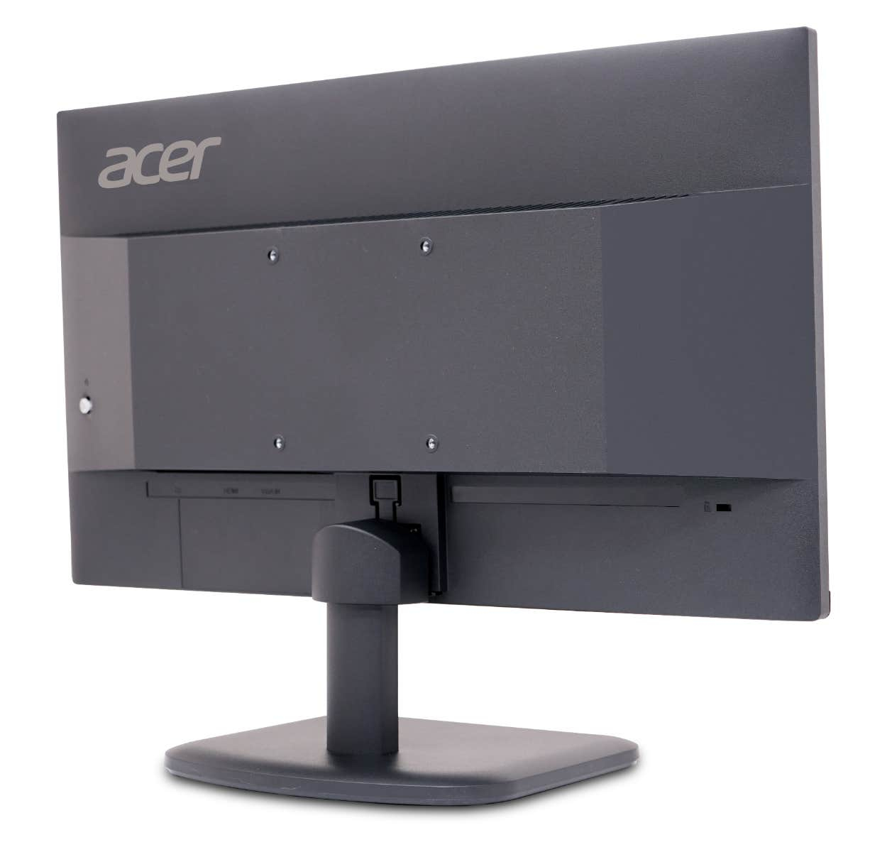 Parte trasera de un monitor Acer. Es gris y tiene un soporte.