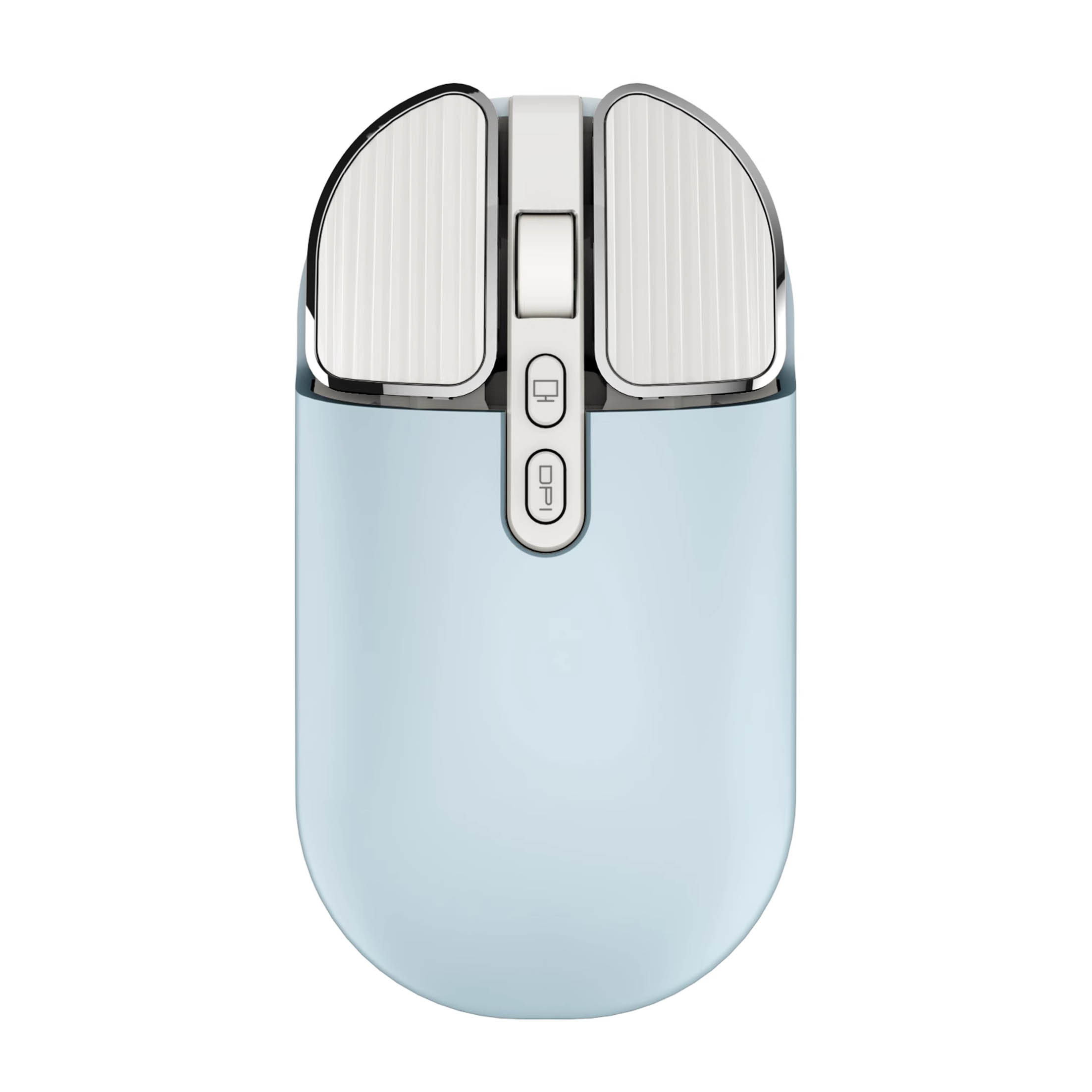 Eine blaue Computermaus mit zwei weißen, strukturierten Tasten und einem silbernen Rand. Sie ist oval.