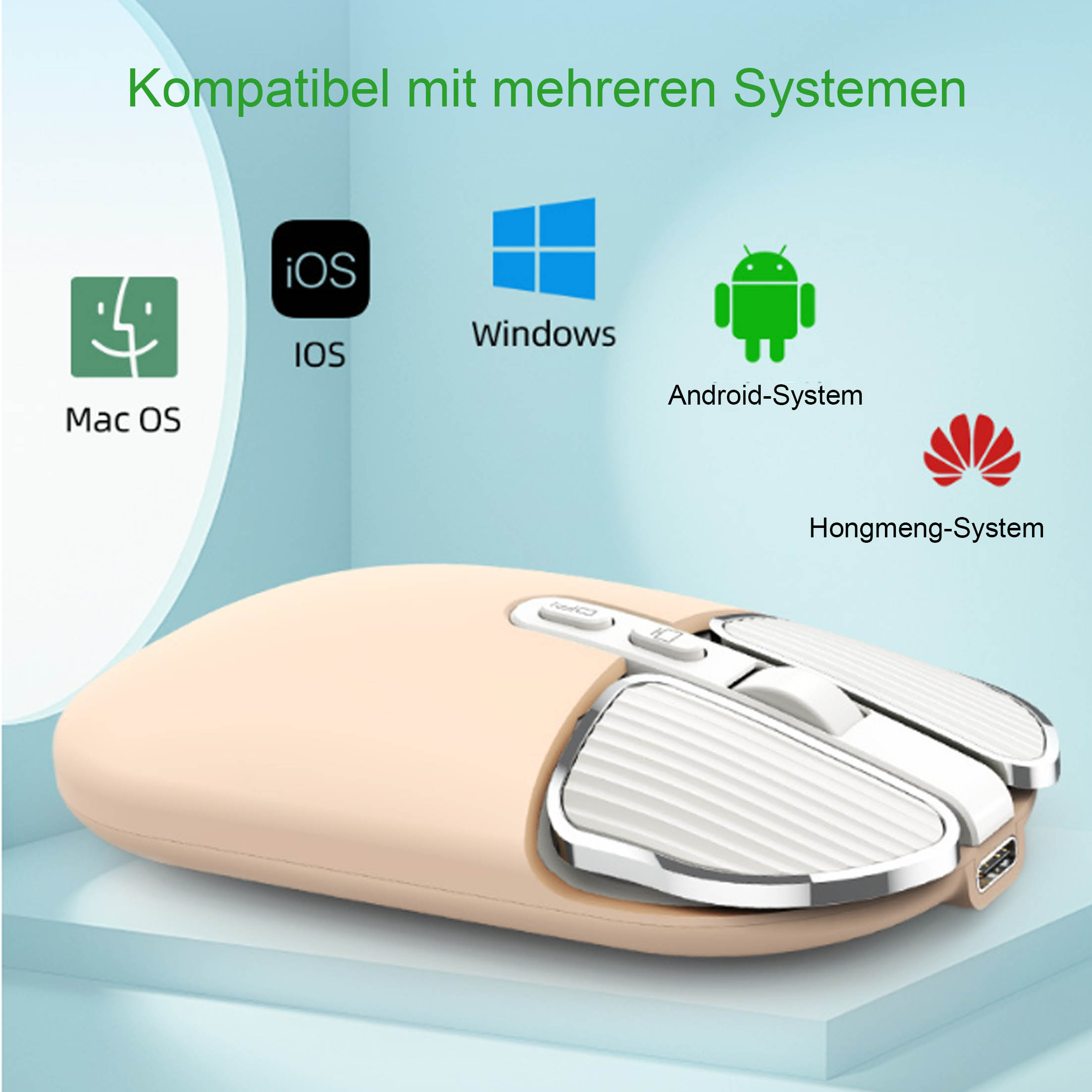 Eine beige kabellose Maus mit System-Icons: iOS, Windows, Android und Hongmeng.