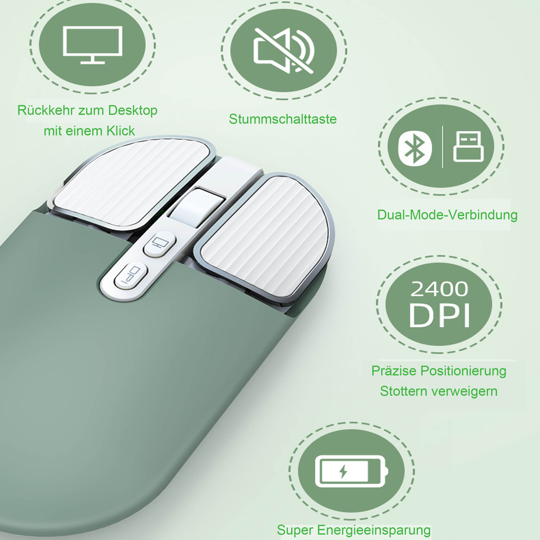 Grüne kabellose Maus mit Symbolen für Desktop-Rückkehr, Stummschaltung, Bluetooth und DPI.