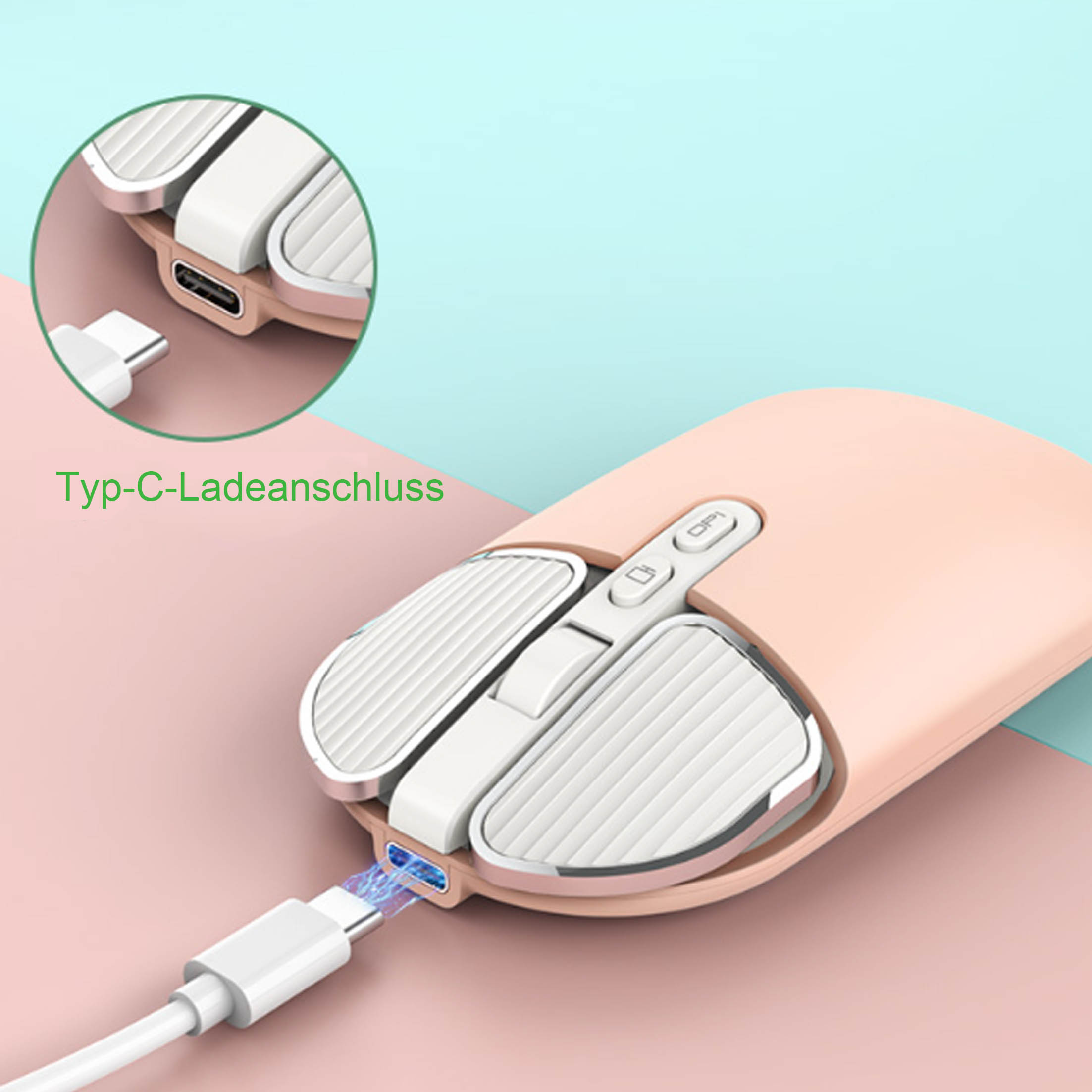 Eine pinkfarbene kabellose Maus mit einem angeschlossenen USB-C-Kabel.