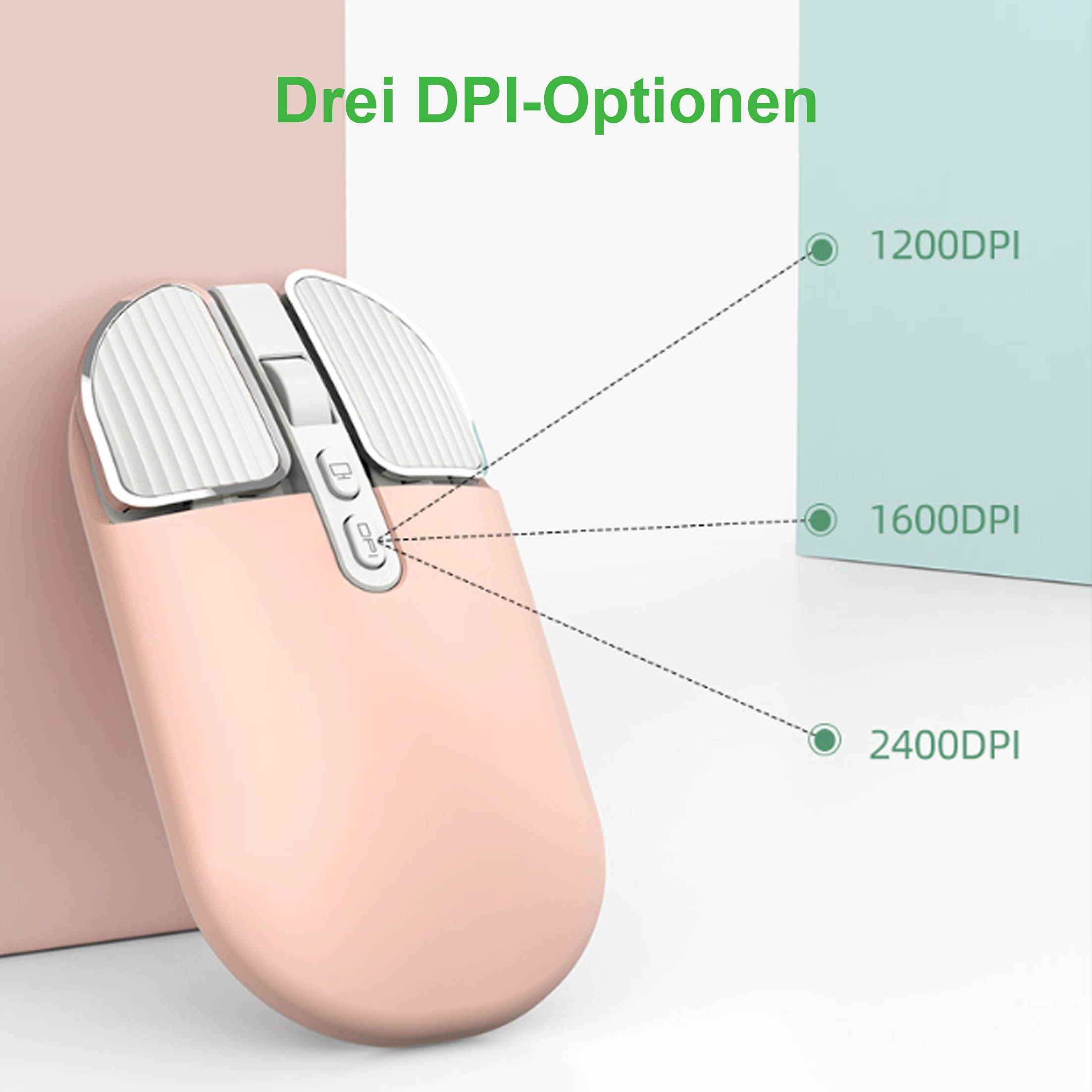 Rosa kabellose Maus mit drei DPI-Optionen: 1200, 1600 und 2400.
