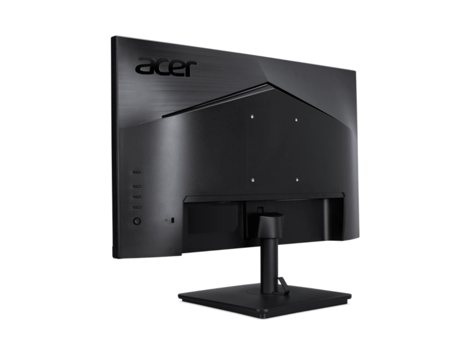 Monitor Acer negro, vista trasera, con soporte. Logotipo de Acer arriba.