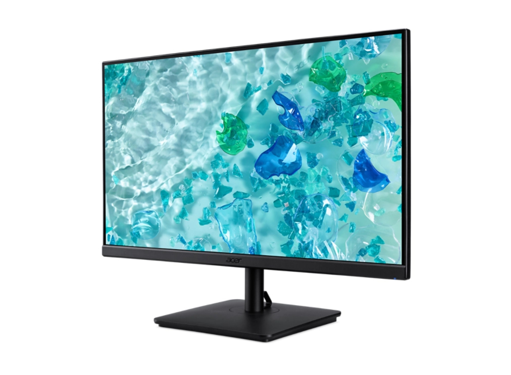 Un monitor Acer en ángulo. La pantalla muestra formas azules y verdes sobre un fondo celeste.
